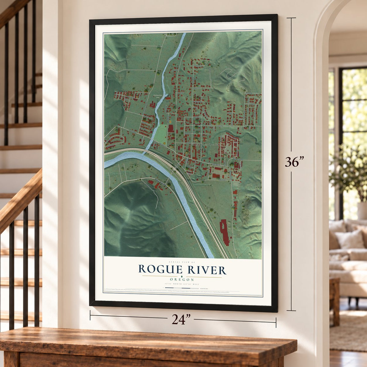 Rogue River, Oregon map, 24 x 36 inch print in a black frame by a staircase