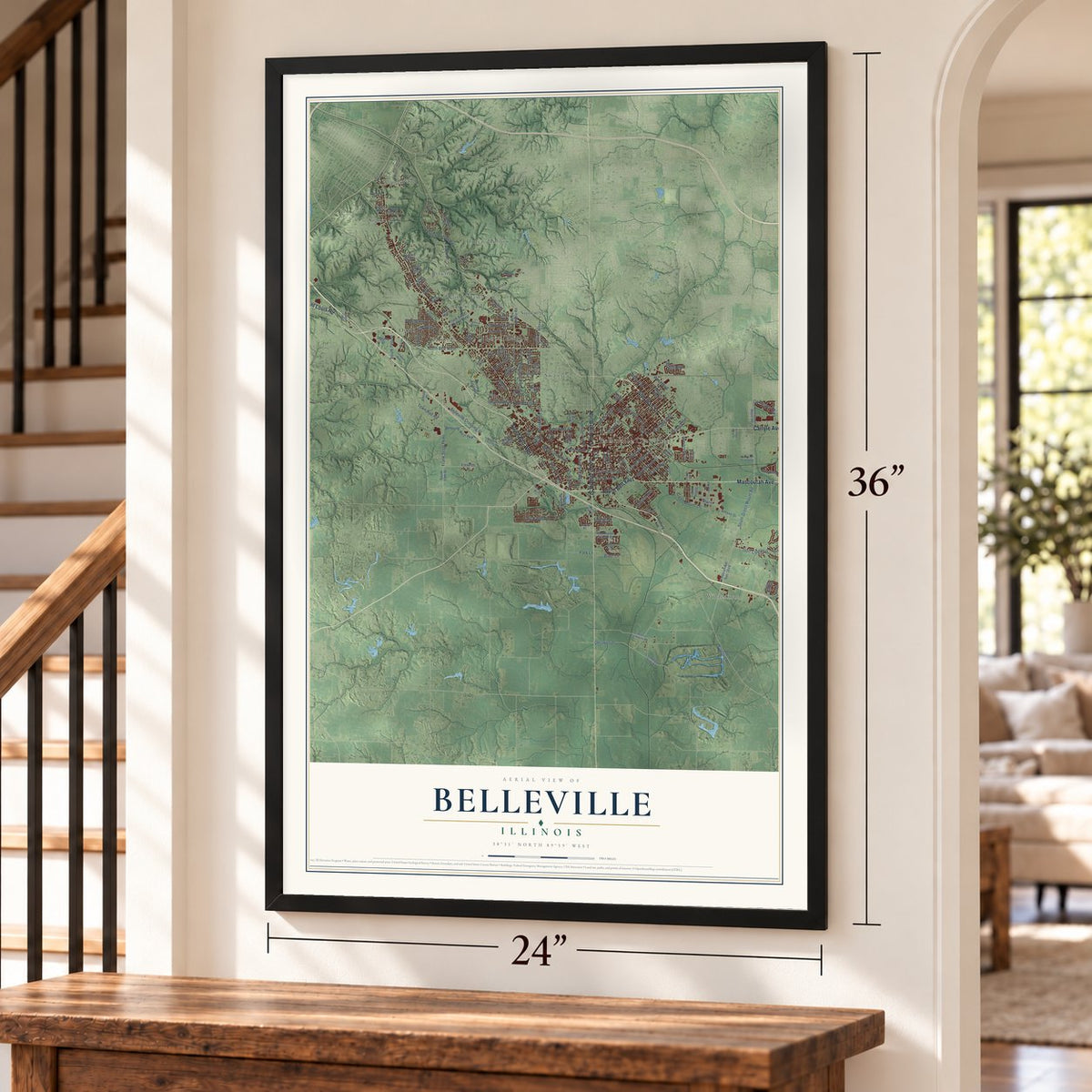 Belleville, Illinois map, 24 x 36 inch print in a black frame by a staircase
