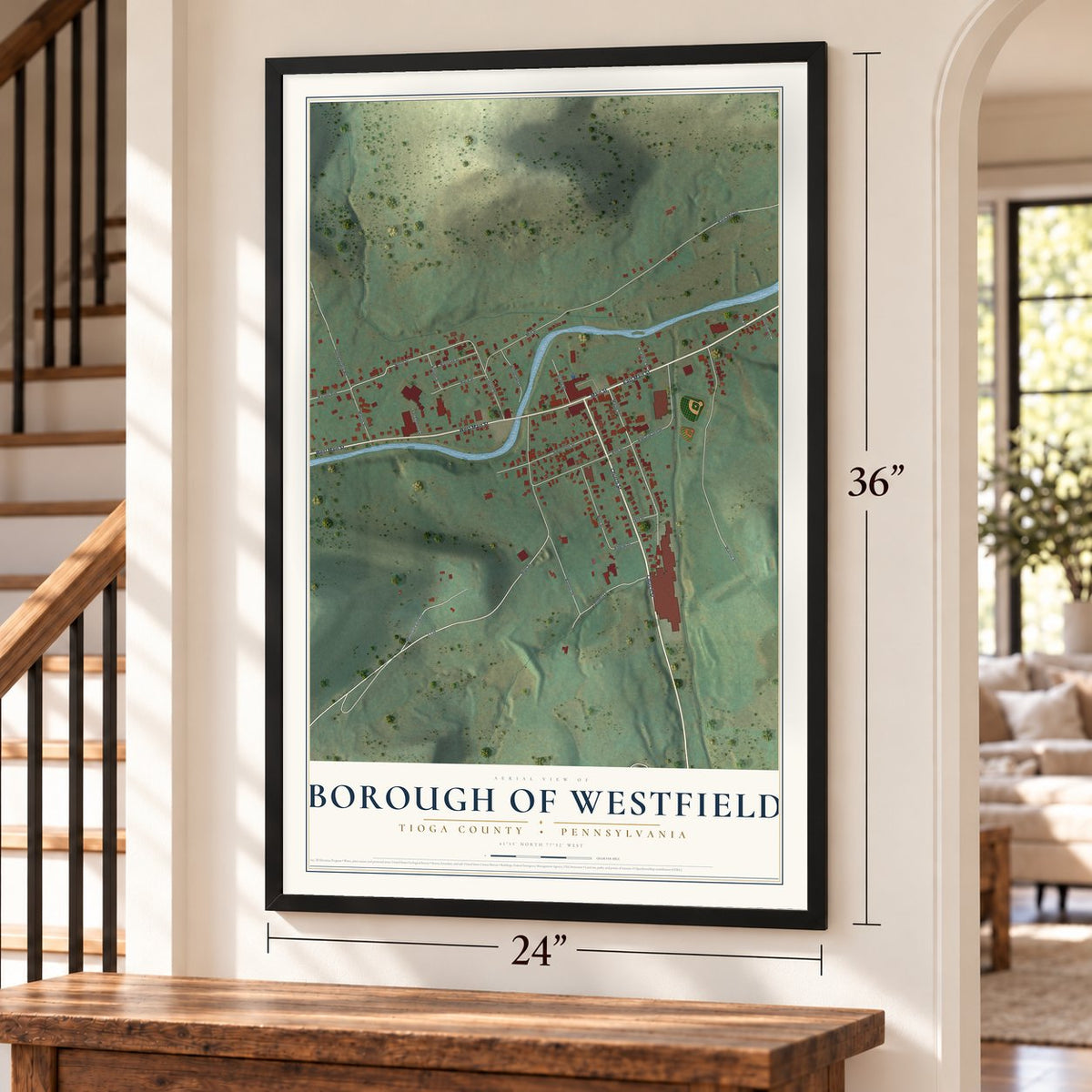 Borough of Westfield, Tioga County, Pennsylvania map, 24 x 36 inch print in a black frame by a staircase