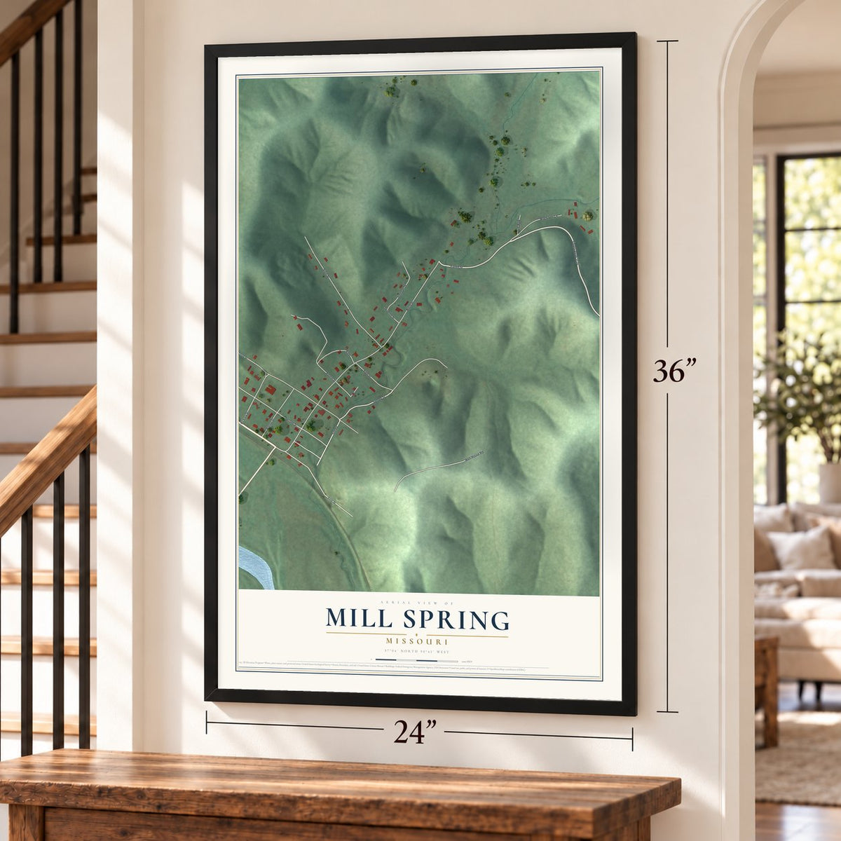 Mill Spring, Missouri map, 24 x 36 inch print in a black frame by a staircase