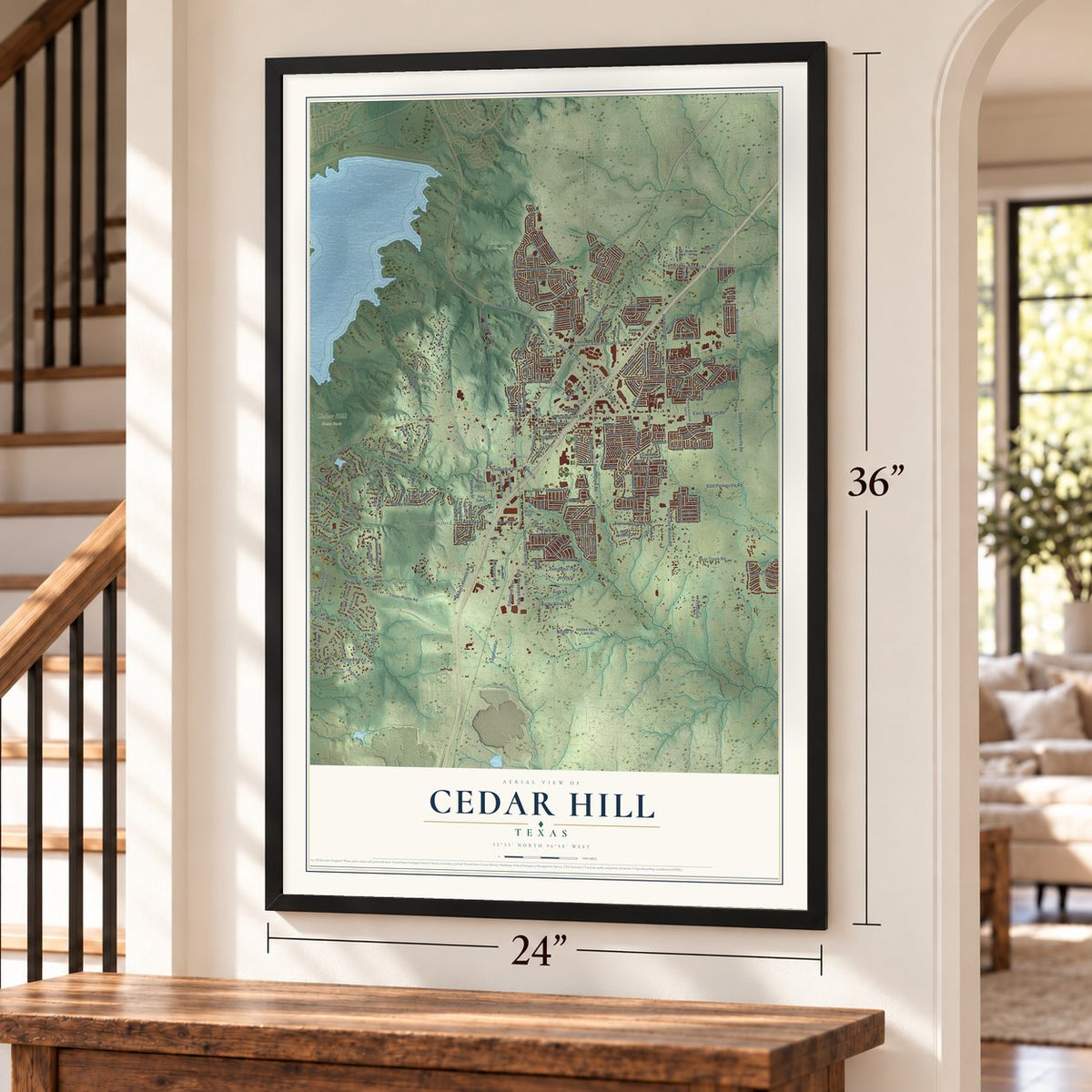 Cedar Hill, Texas map, 24 x 36 inch print in a black frame by a staircase