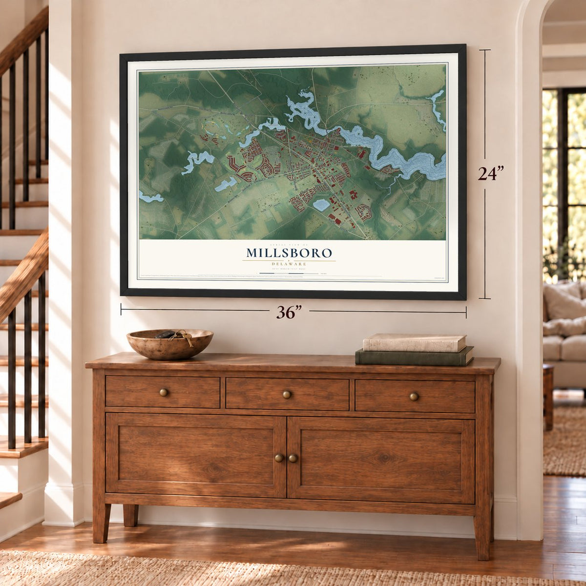 Millsboro, Delaware map, 24 x 36 inch print in a black frame above a dresser by a staircase