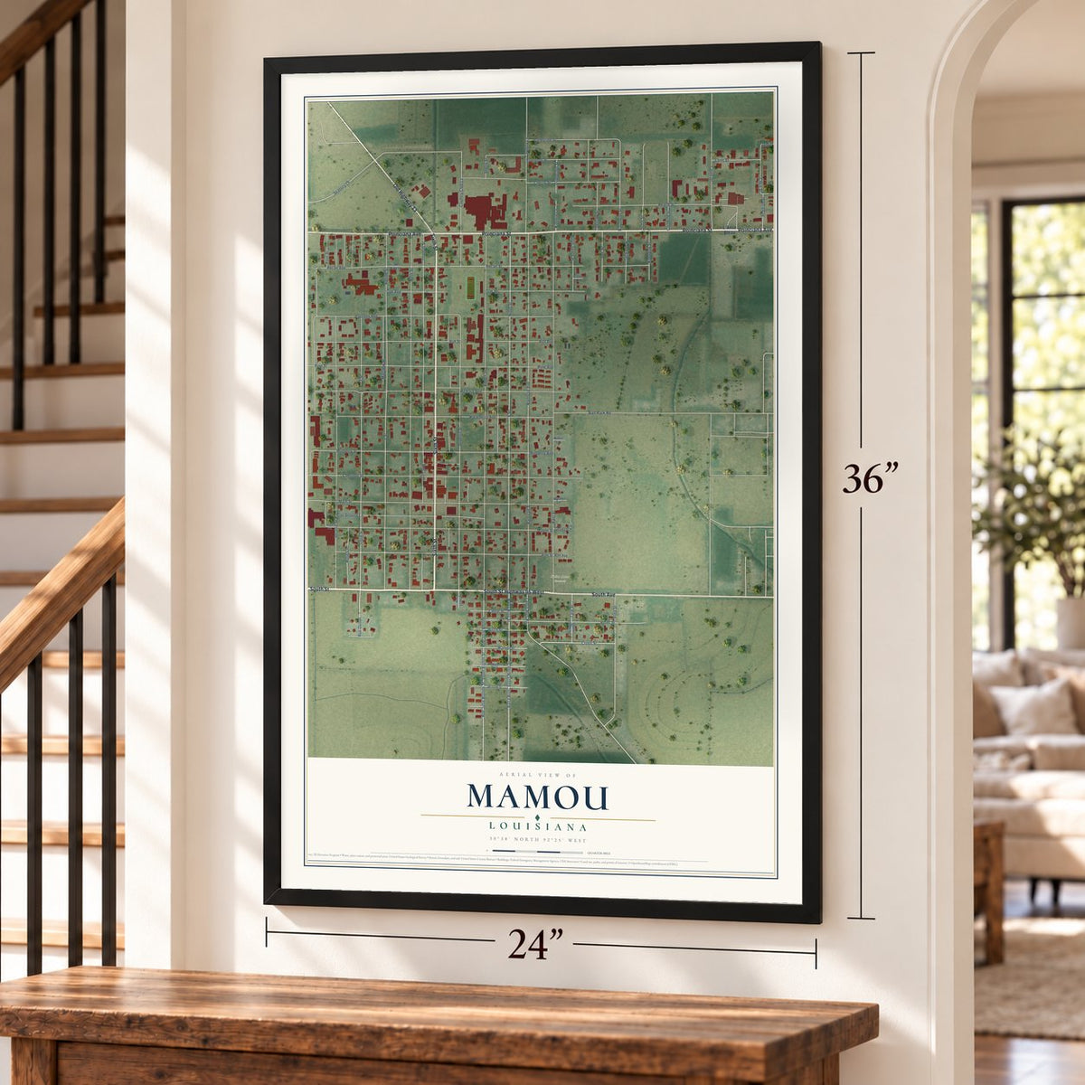 Mamou, Louisiana map, 24 x 36 inch print in a black frame by a staircase