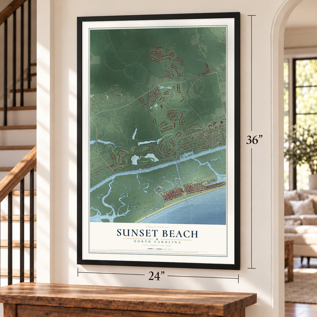 Sunset Beach, North Carolina map, 24 x 36 inch print in a black frame by a staircase