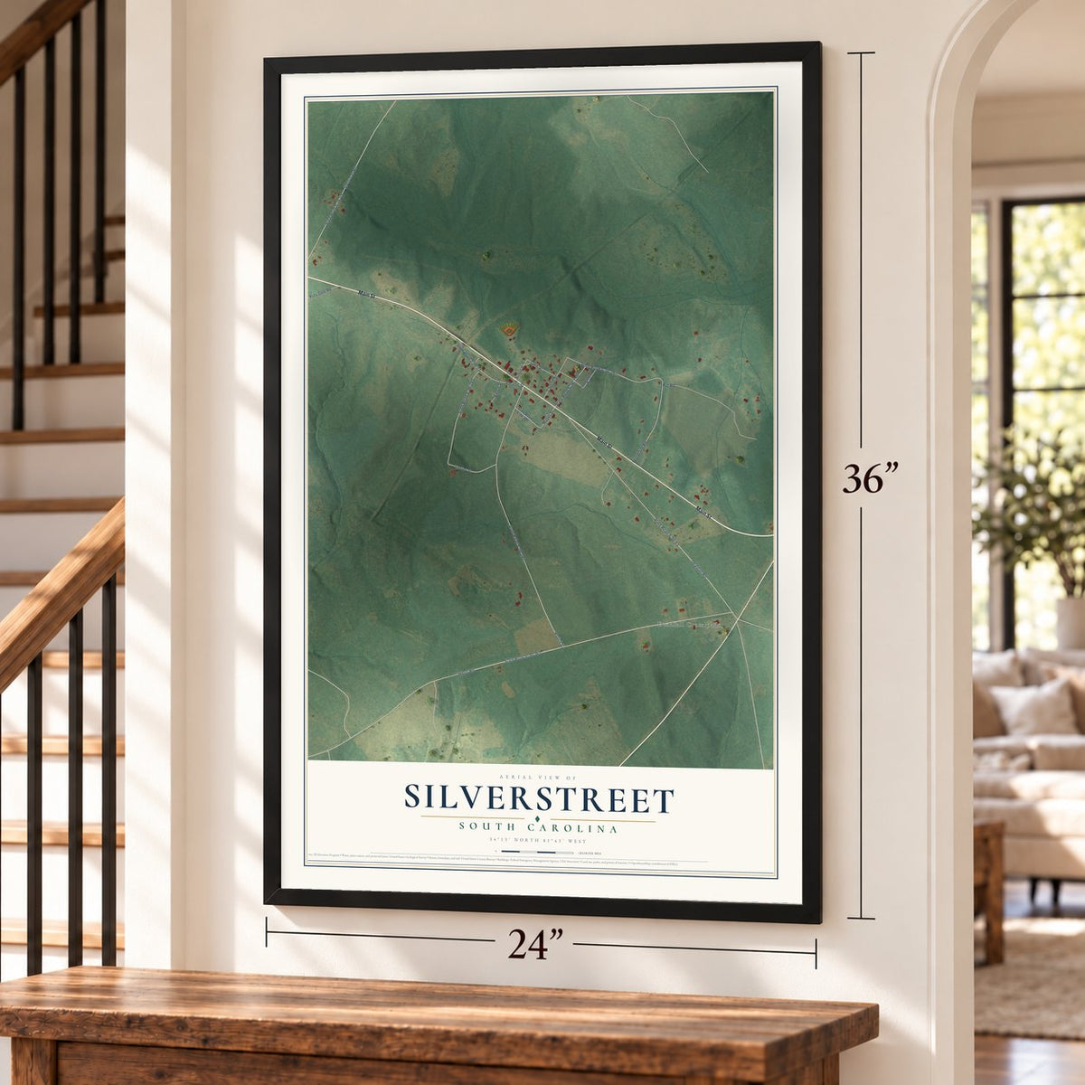 Silverstreet, South Carolina map, 24 x 36 inch print in a black frame by a staircase