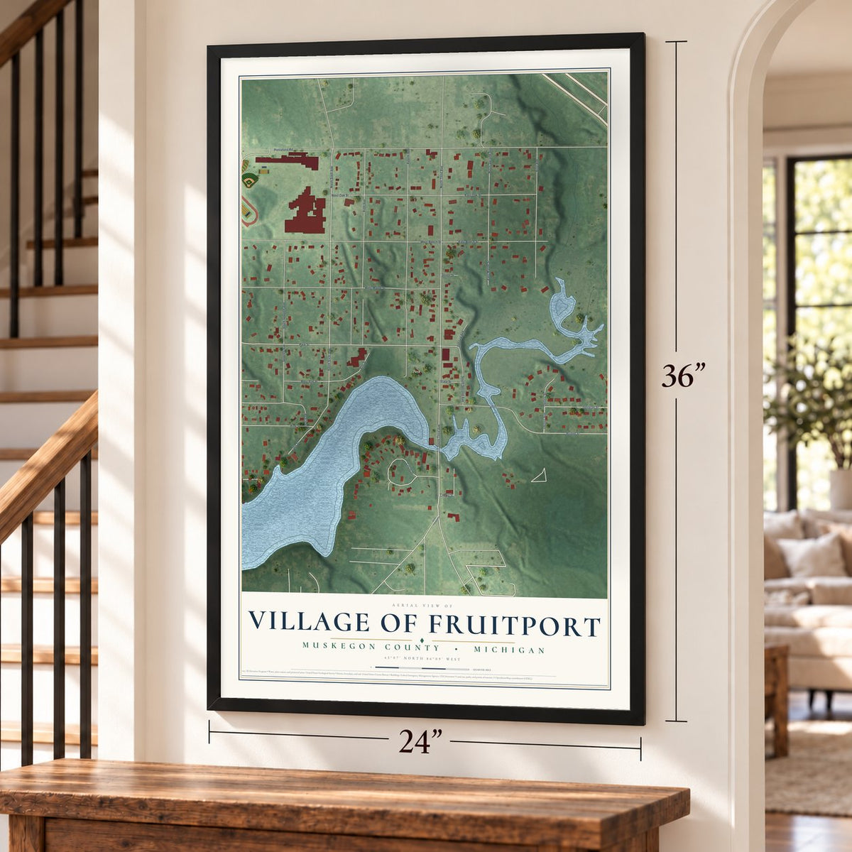 Fruitport, Michigan map, 24 x 36 inch print in a black frame by a staircase