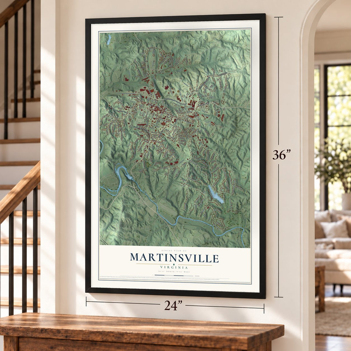 Martinsville, Virginia map, 24 x 36 inch print in a black frame by a staircase