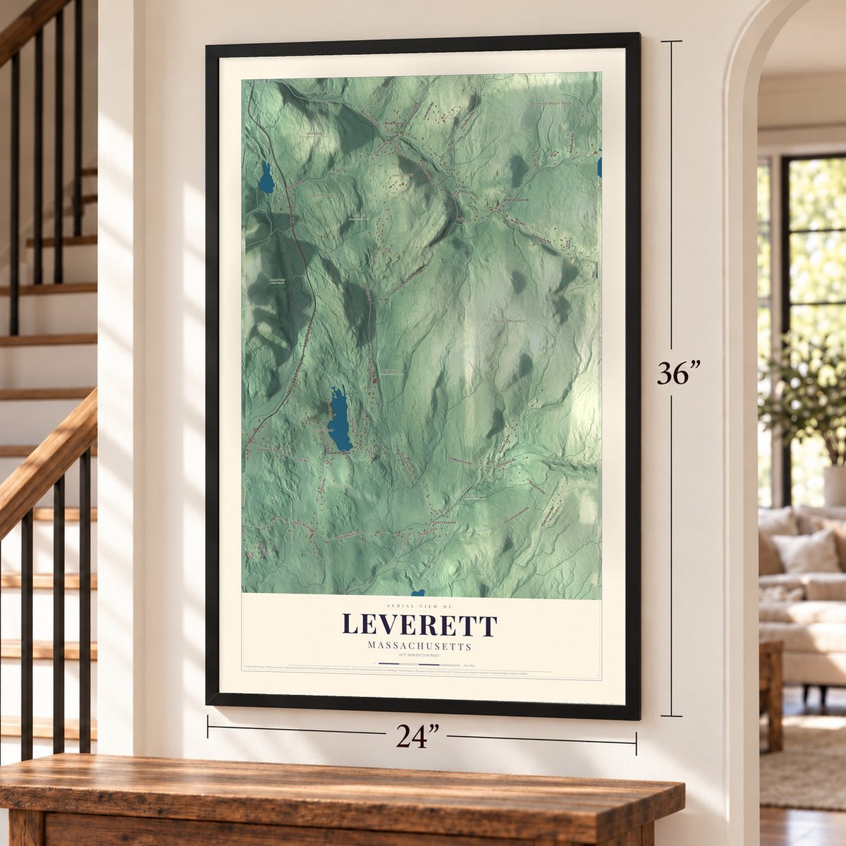 Leverett, Massachusetts map, 24 x 36 inch print in a black frame by a staircase