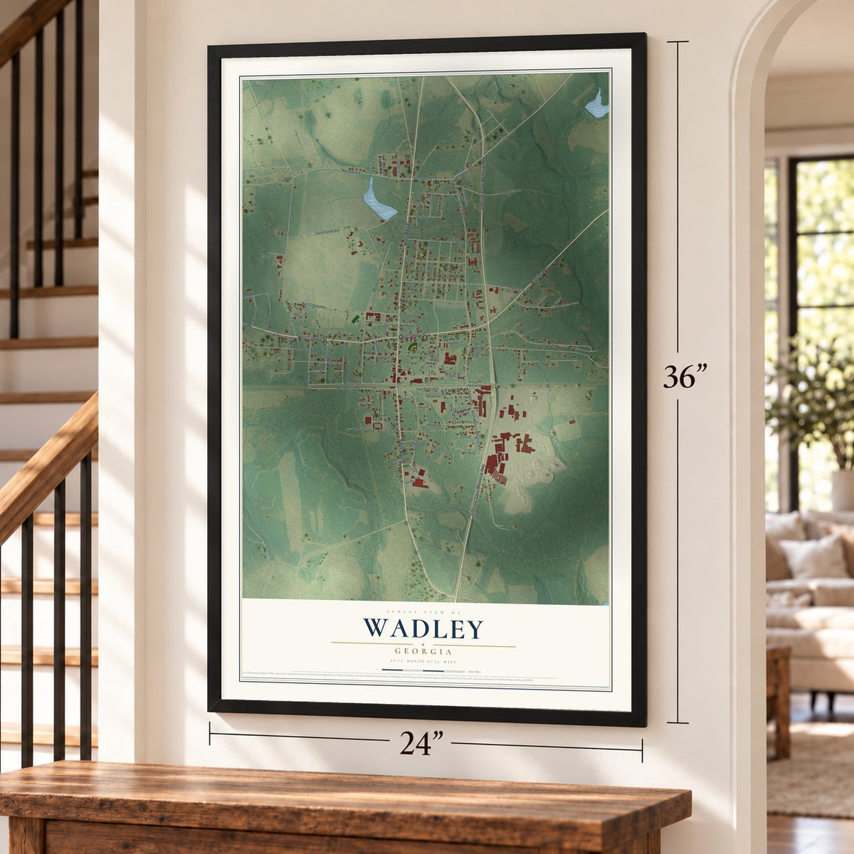 Wadley, Georgia map, 24 x 36 inch print in a black frame by a staircase