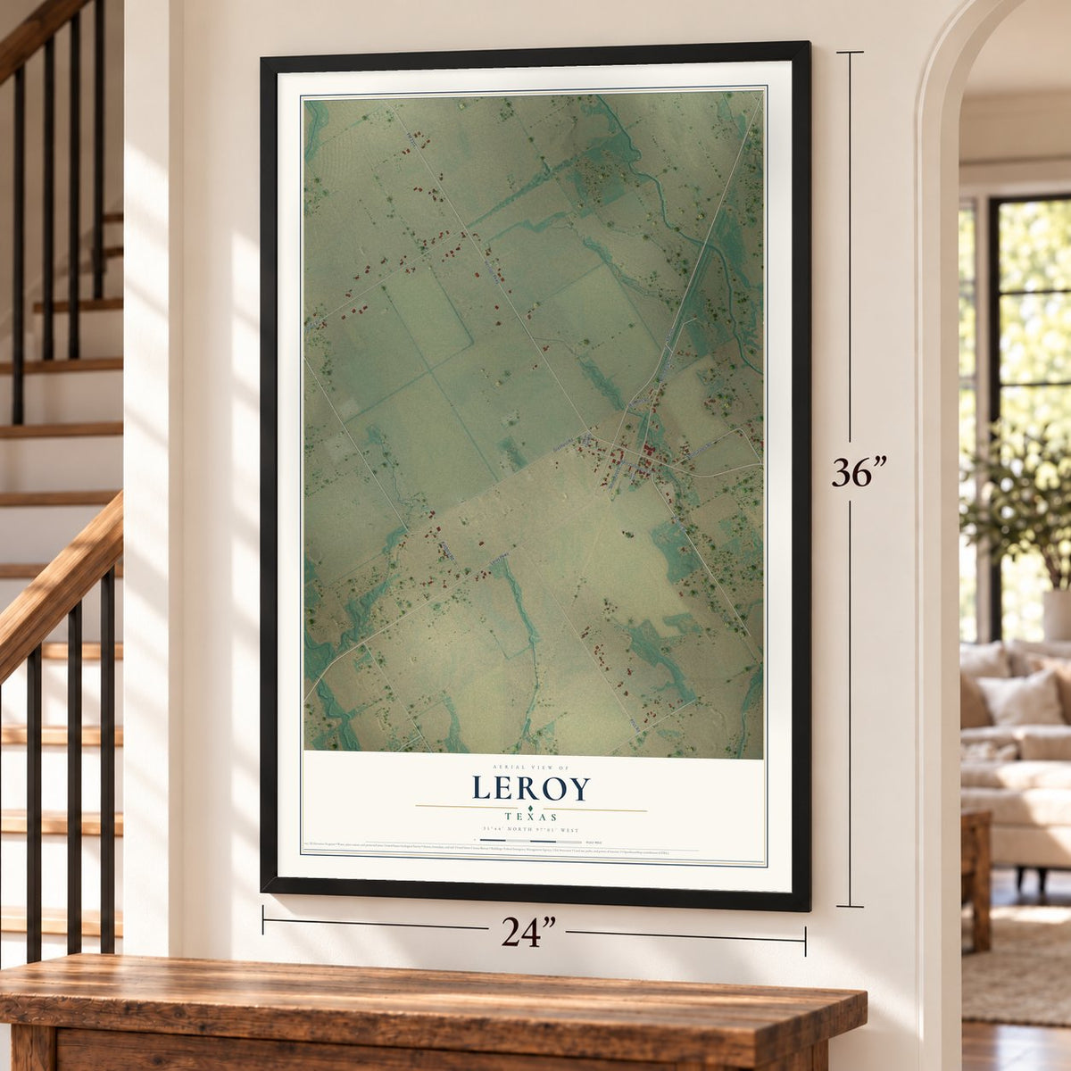 Leroy, Texas map, 24 x 36 inch print in a black frame by a staircase