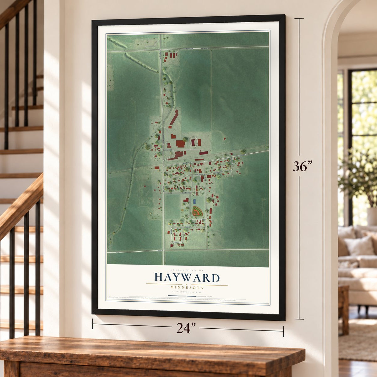 Hayward, Minnesota map, 24 x 36 inch print in a black frame by a staircase