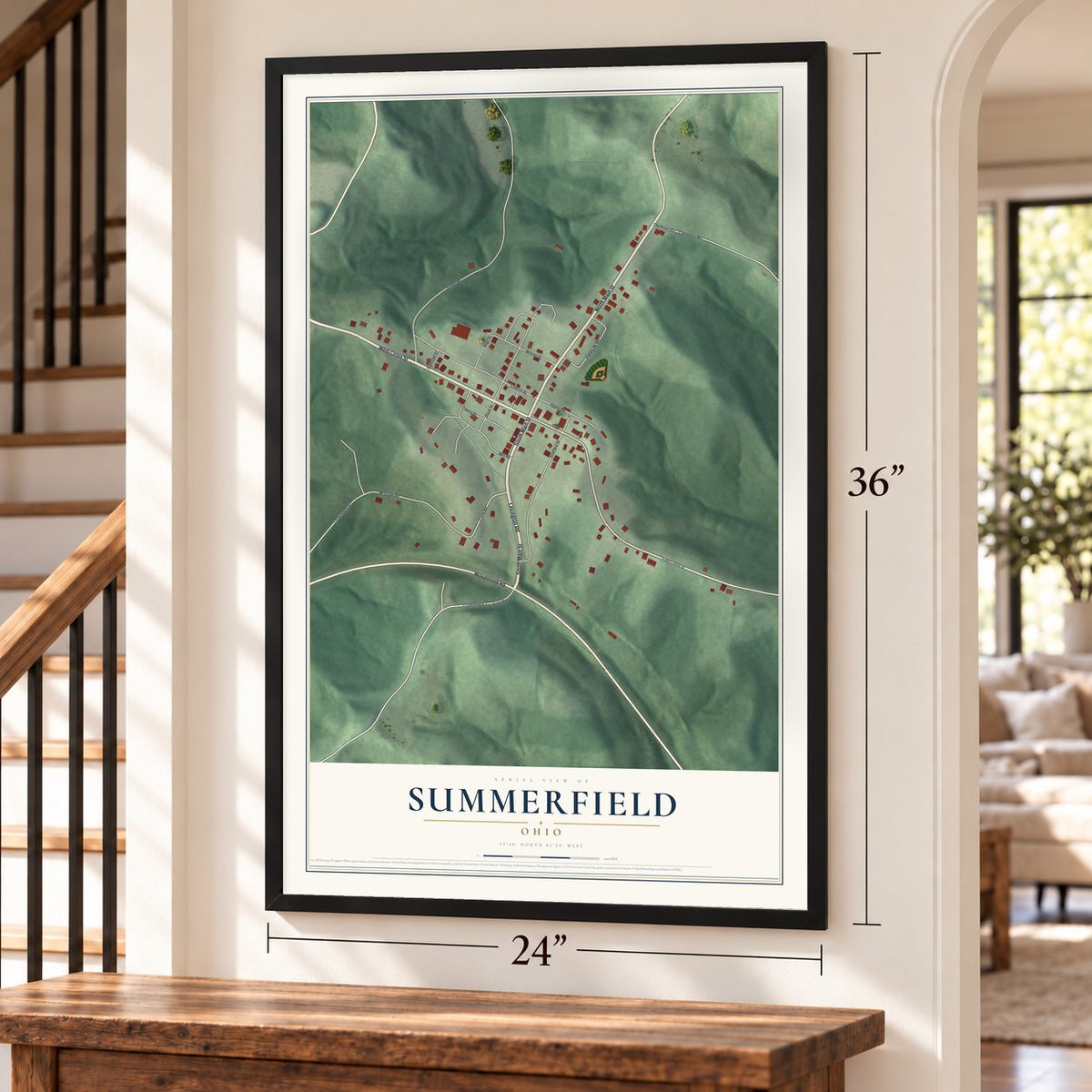 Summerfield, Ohio map, 24 x 36 inch print in a black frame by a staircase