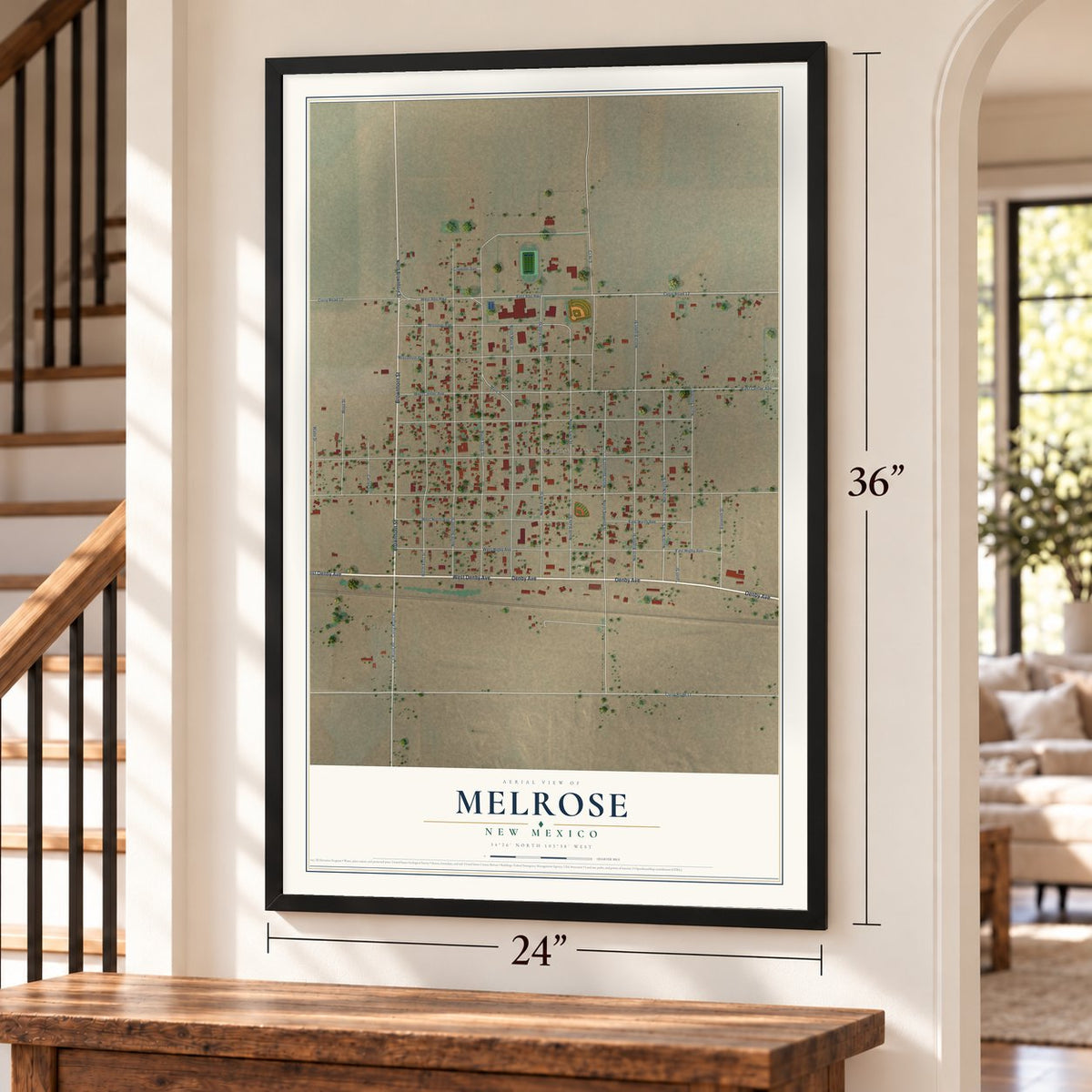 Melrose, New Mexico map, 24 x 36 inch print in a black frame by a staircase