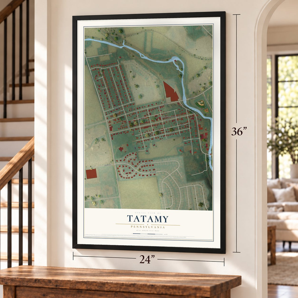 Tatamy, Pennsylvania map, 24 x 36 inch print in a black frame by a staircase