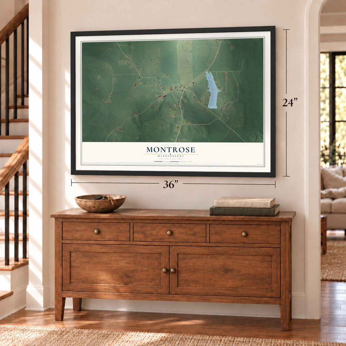 Montrose, Mississippi map, 24 x 36 inch print in a black frame above a dresser by a staircase