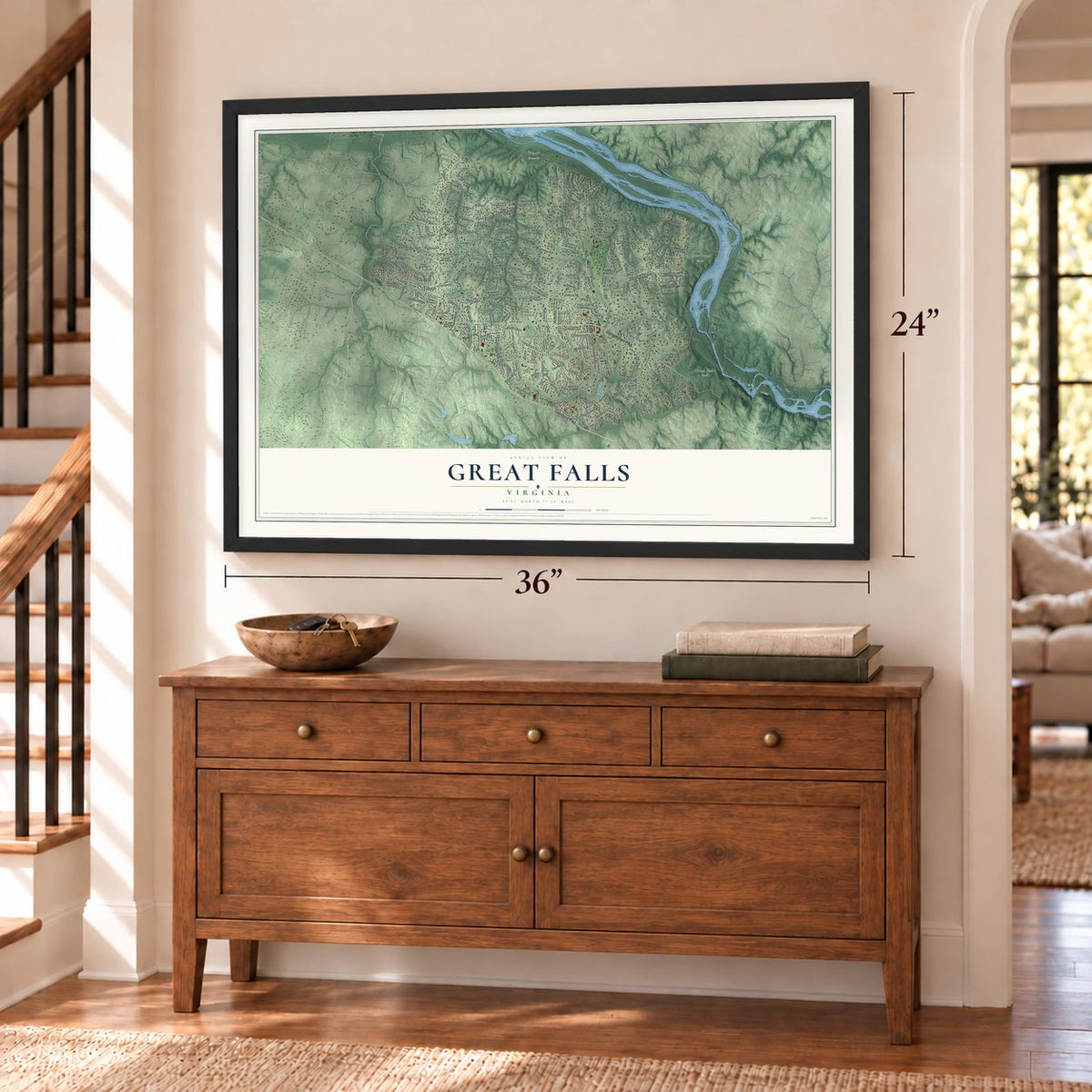 Great Falls, Virginia map, 24 x 36 inch print in a black frame above a dresser by a staircase