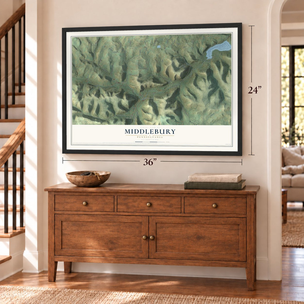 Middlebury, Pennsylvania map, 24 x 36 inch print in a black frame above a dresser by a staircase