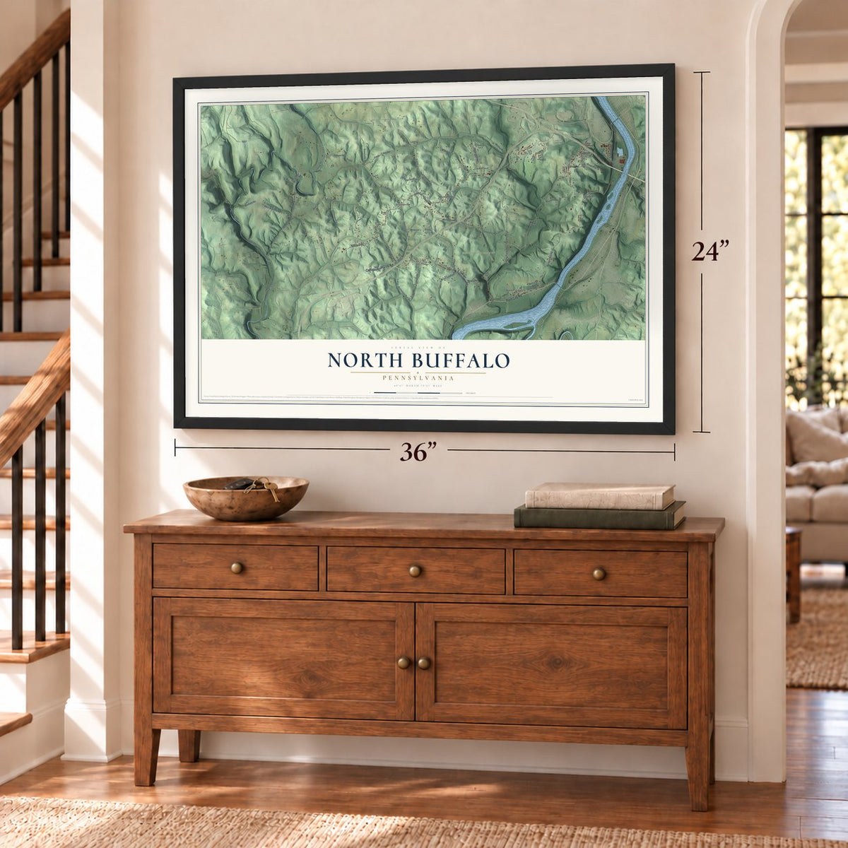 North Buffalo, Pennsylvania map, 24 x 36 inch print in a black frame above a dresser by a staircase