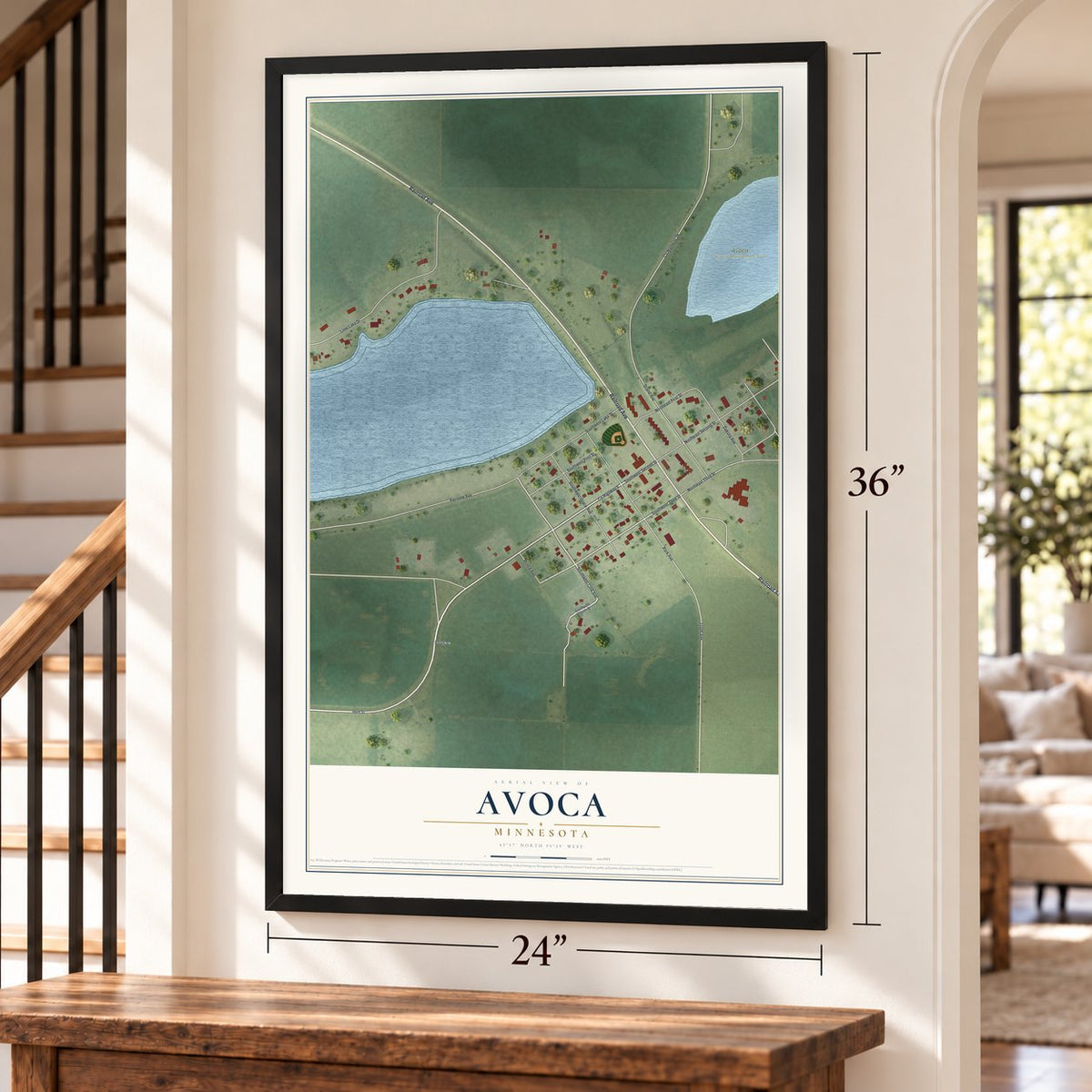 Avoca, Minnesota map, 24 x 36 inch print in a black frame by a staircase