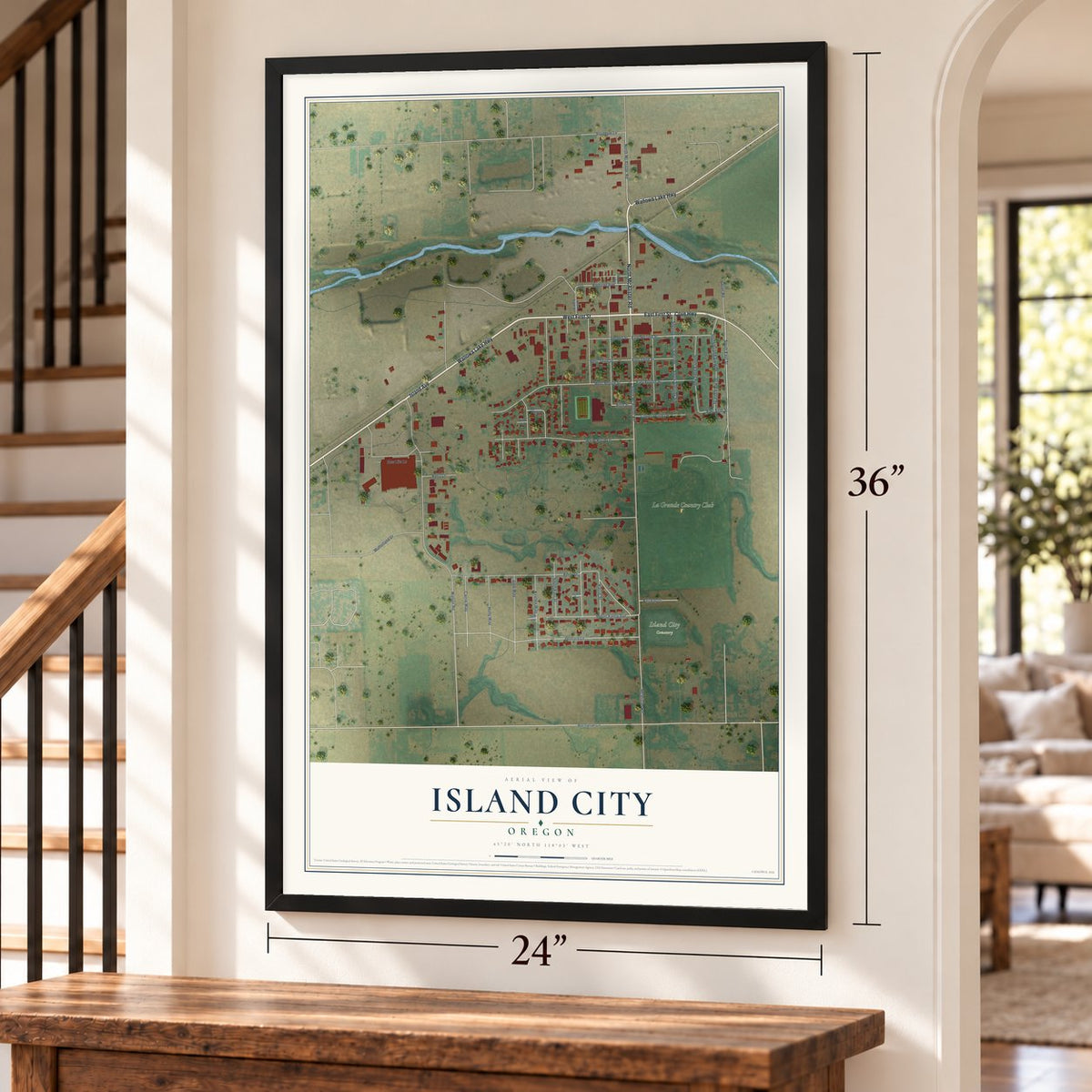 Island City, Oregon map, 24 x 36 inch print in a black frame by a staircase