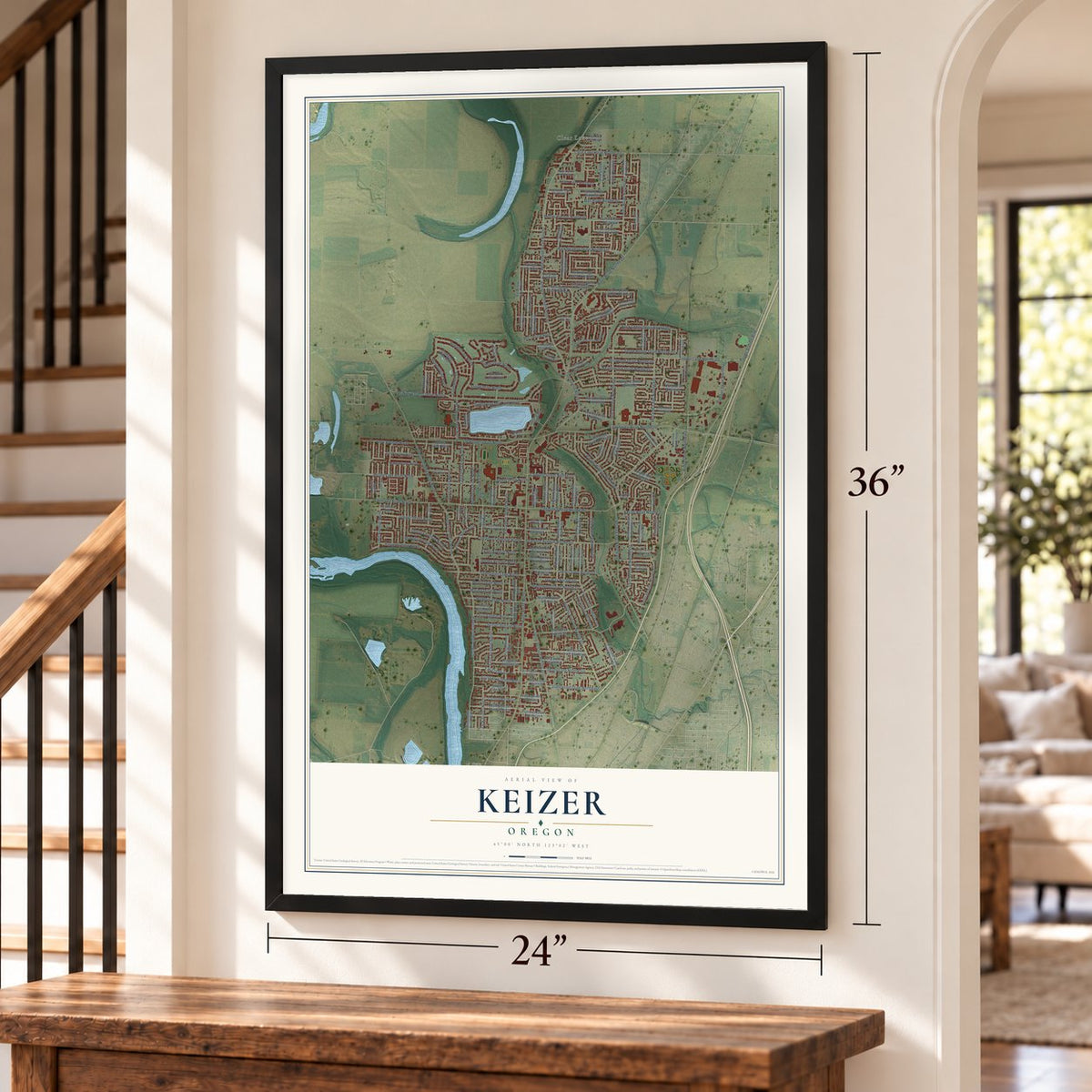 Keizer, Oregon map, 24 x 36 inch print in a black frame by a staircase