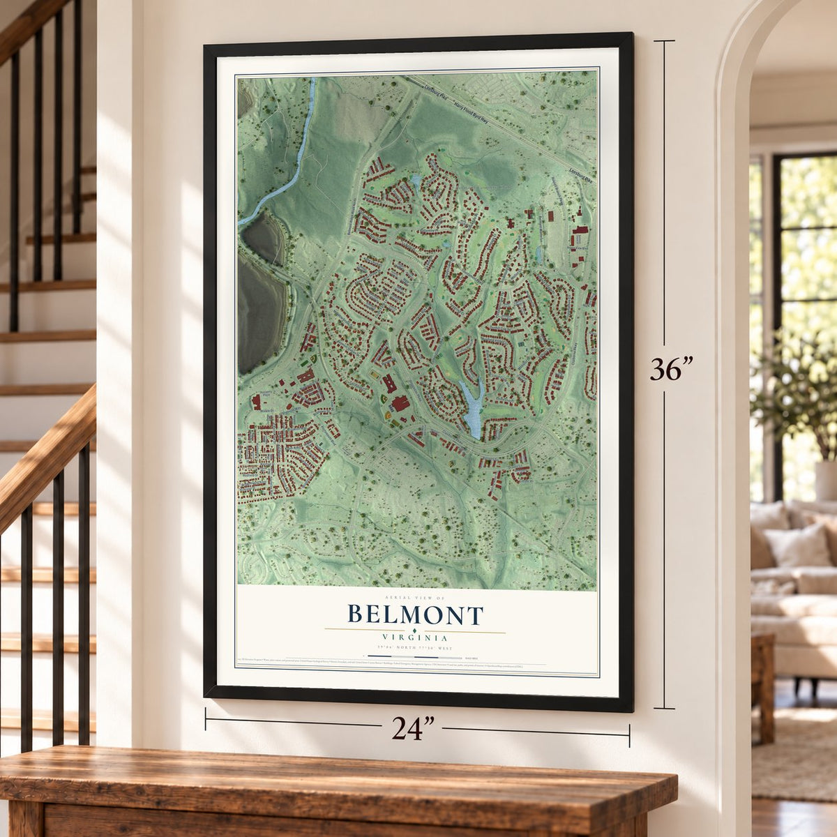 Belmont, Virginia map, 24 x 36 inch print in a black frame by a staircase