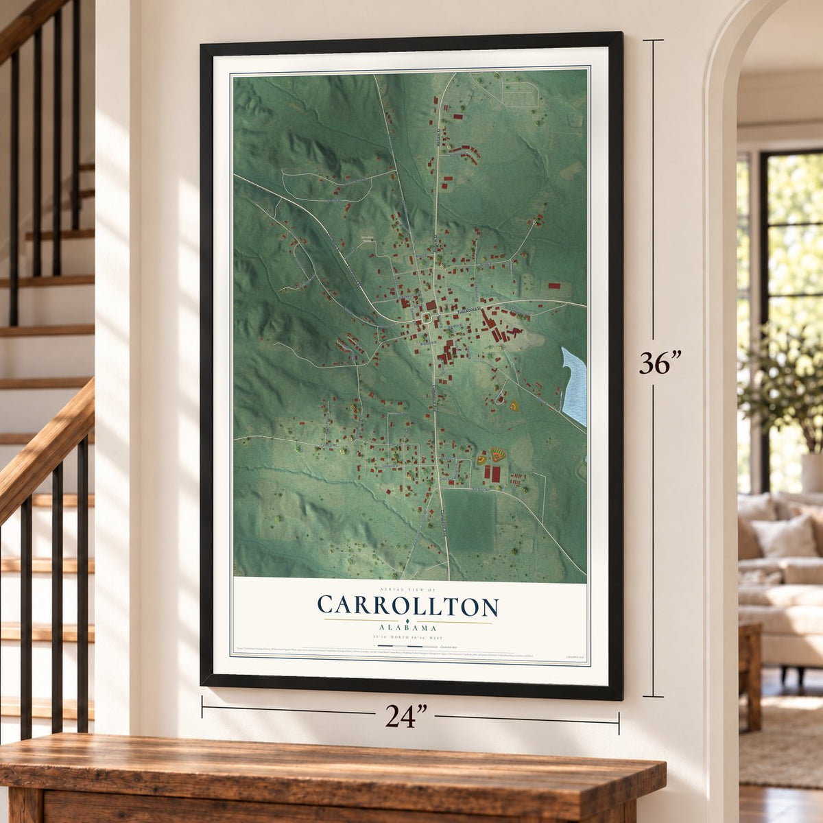 Carrollton, Alabama map, 24 x 36 inch print in a black frame by a staircase