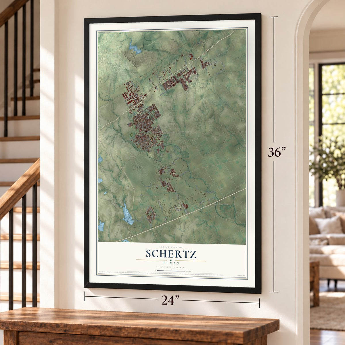 Schertz, Texas map, 24 x 36 inch print in a black frame by a staircase