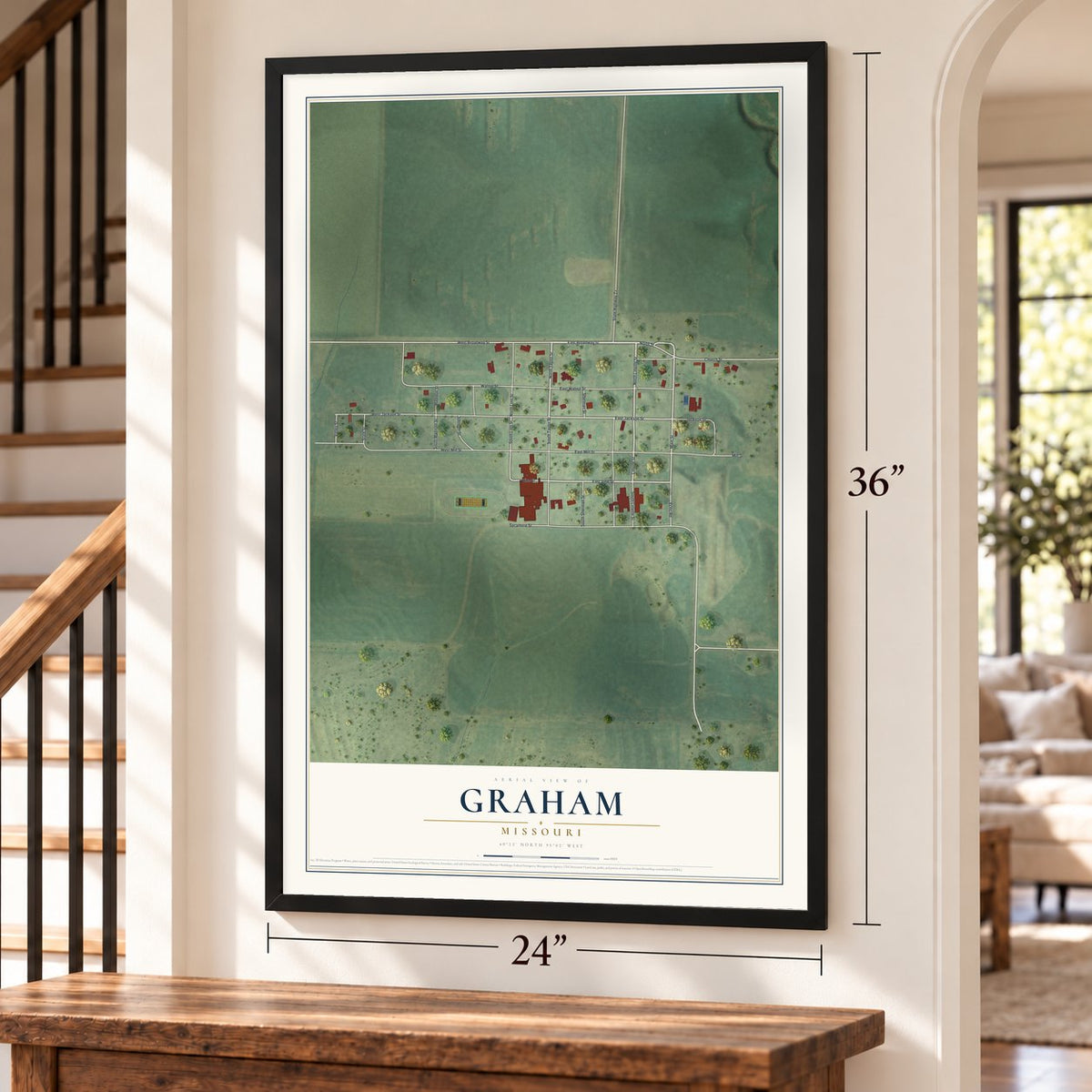 Graham, Missouri map, 24 x 36 inch print in a black frame by a staircase