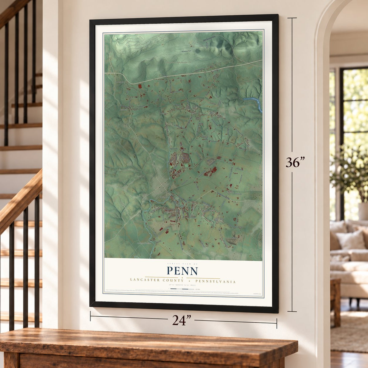 Penn, Lancaster County, Pennsylvania map, 24 x 36 inch print in a black frame by a staircase