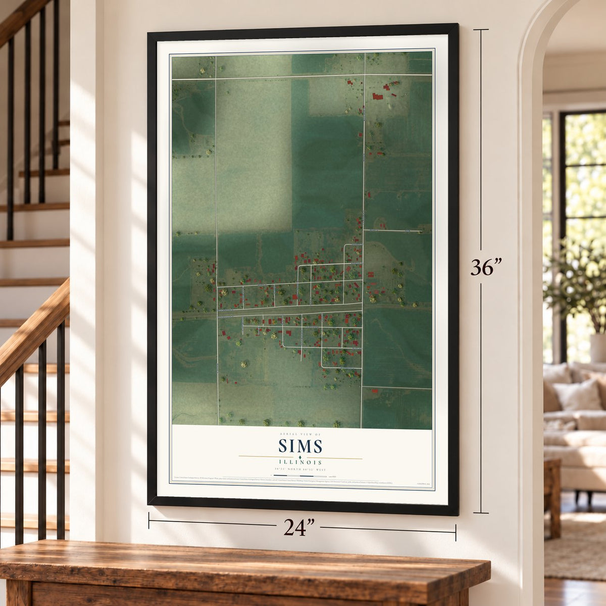 Sims, Illinois map, 24 x 36 inch print in a black frame by a staircase