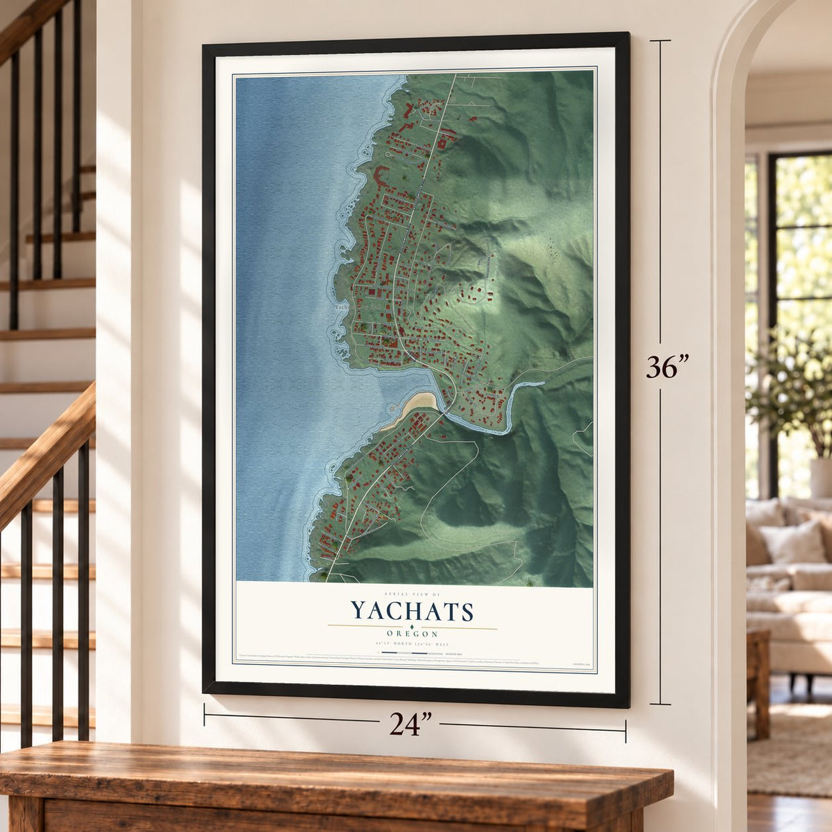 Yachats, Oregon map, 24 x 36 inch print in a black frame by a staircase