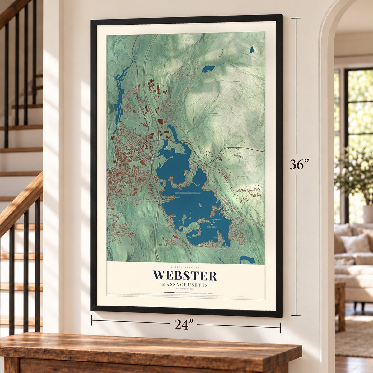 Webster, Massachusetts map, 24 x 36 inch print in a black frame by a staircase