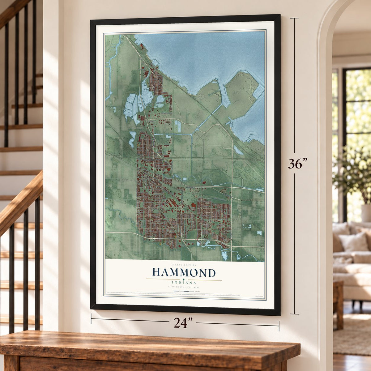Hammond, Indiana map, 24 x 36 inch print in a black frame by a staircase