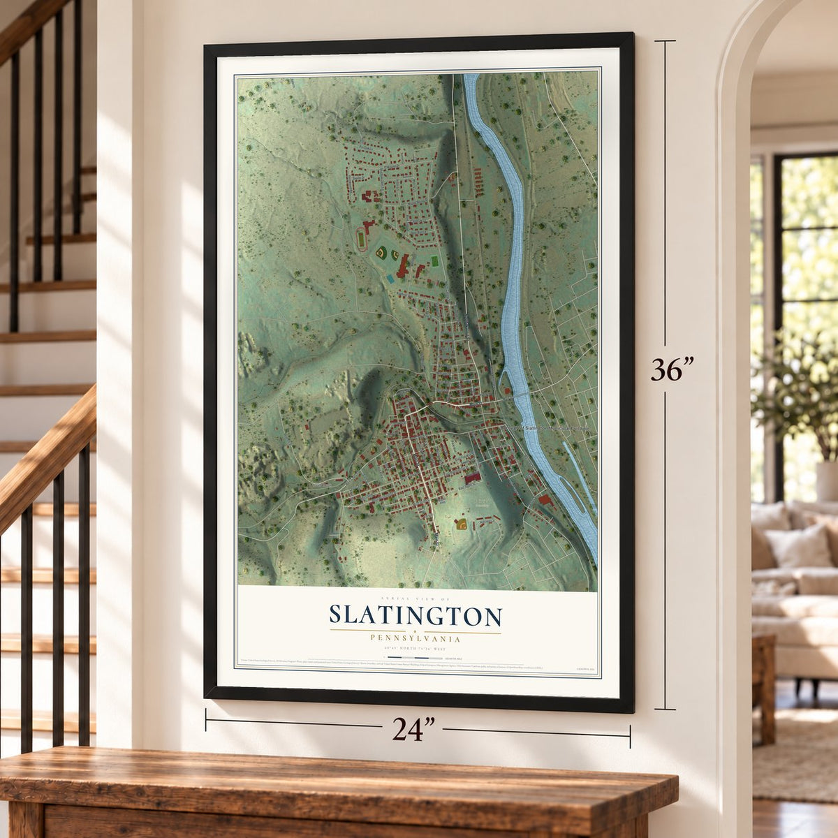 Slatington, Pennsylvania map, 24 x 36 inch print in a black frame by a staircase