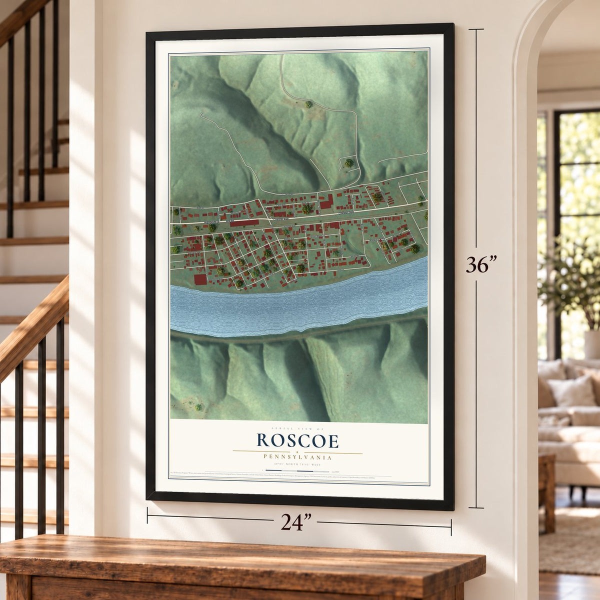 Roscoe, Pennsylvania map, 24 x 36 inch print in a black frame by a staircase