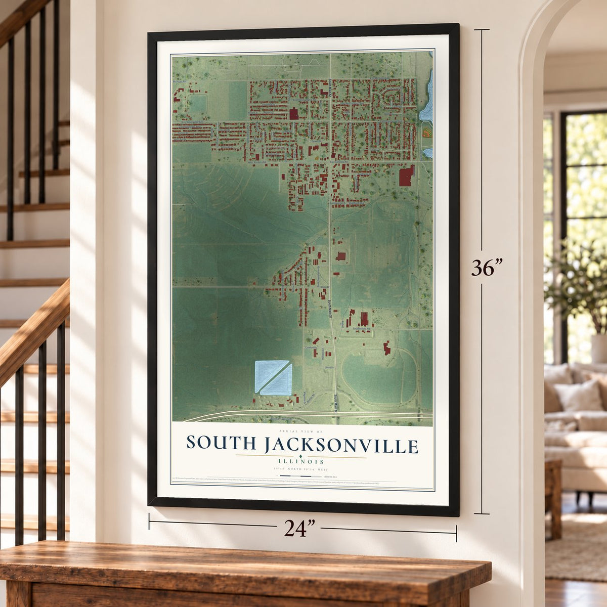 South Jacksonville, Illinois map, 24 x 36 inch print in a black frame by a staircase