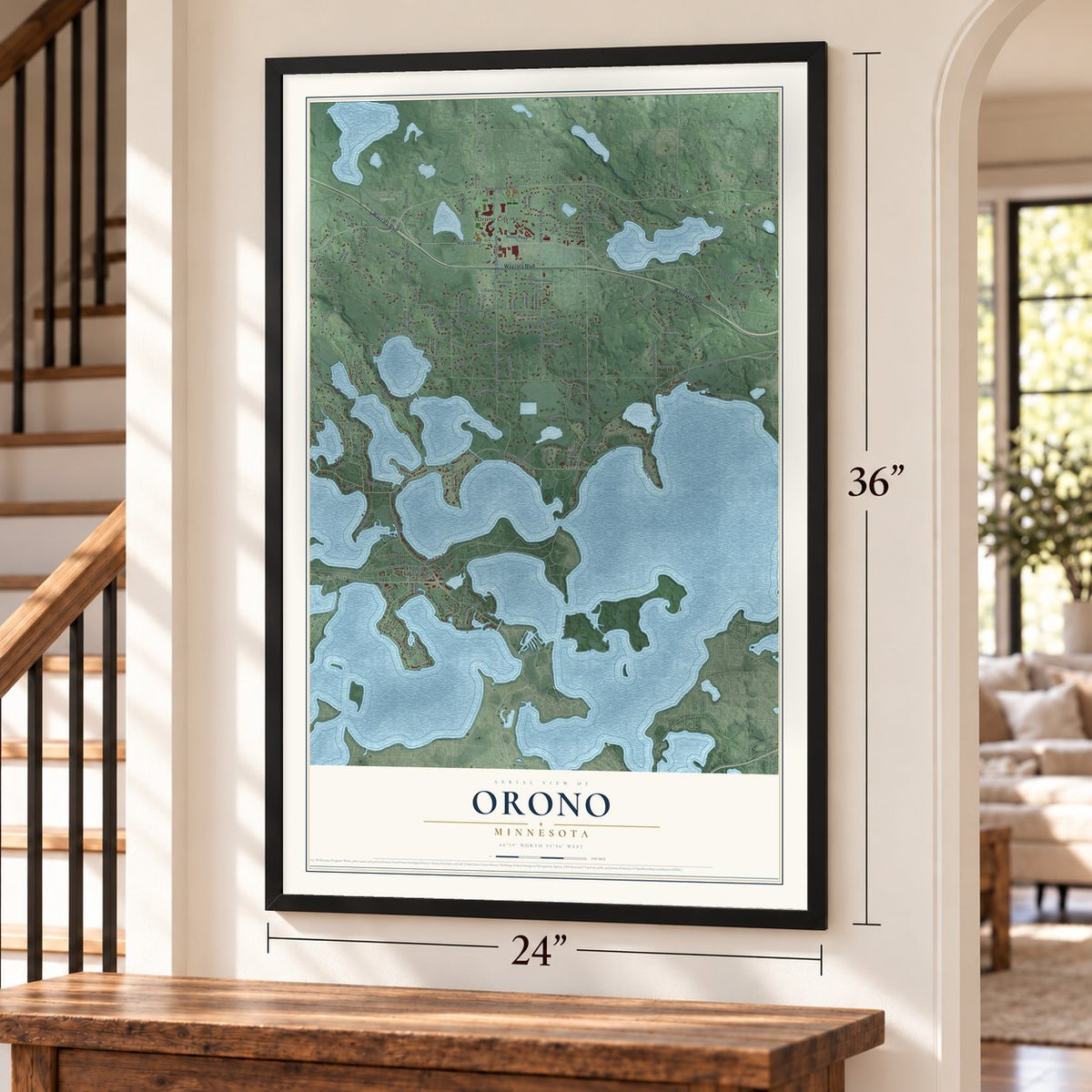 Orono, Minnesota map, 24 x 36 inch print in a black frame by a staircase