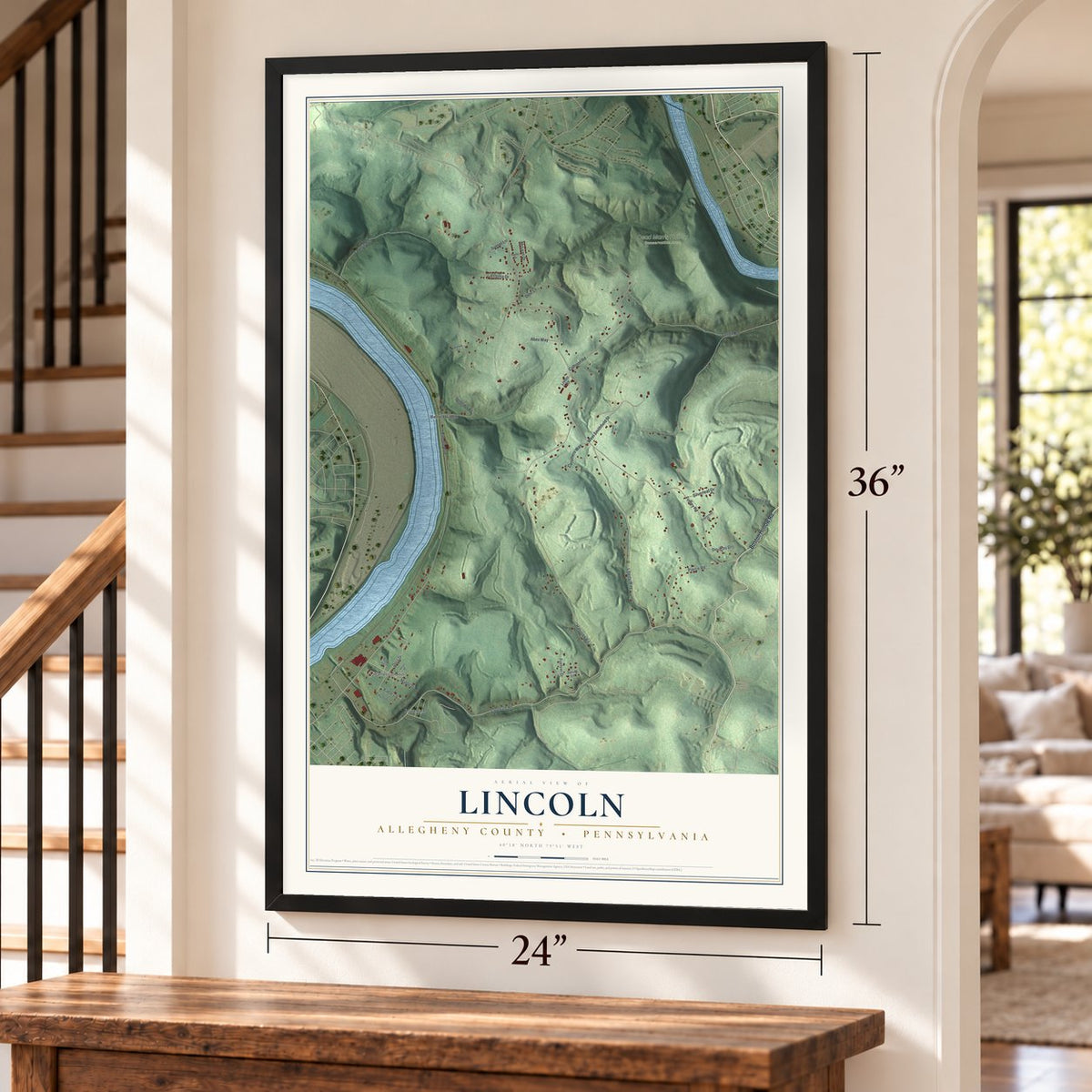 Lincoln, Allegheny County, Pennsylvania map, 24 x 36 inch print in a black frame by a staircase