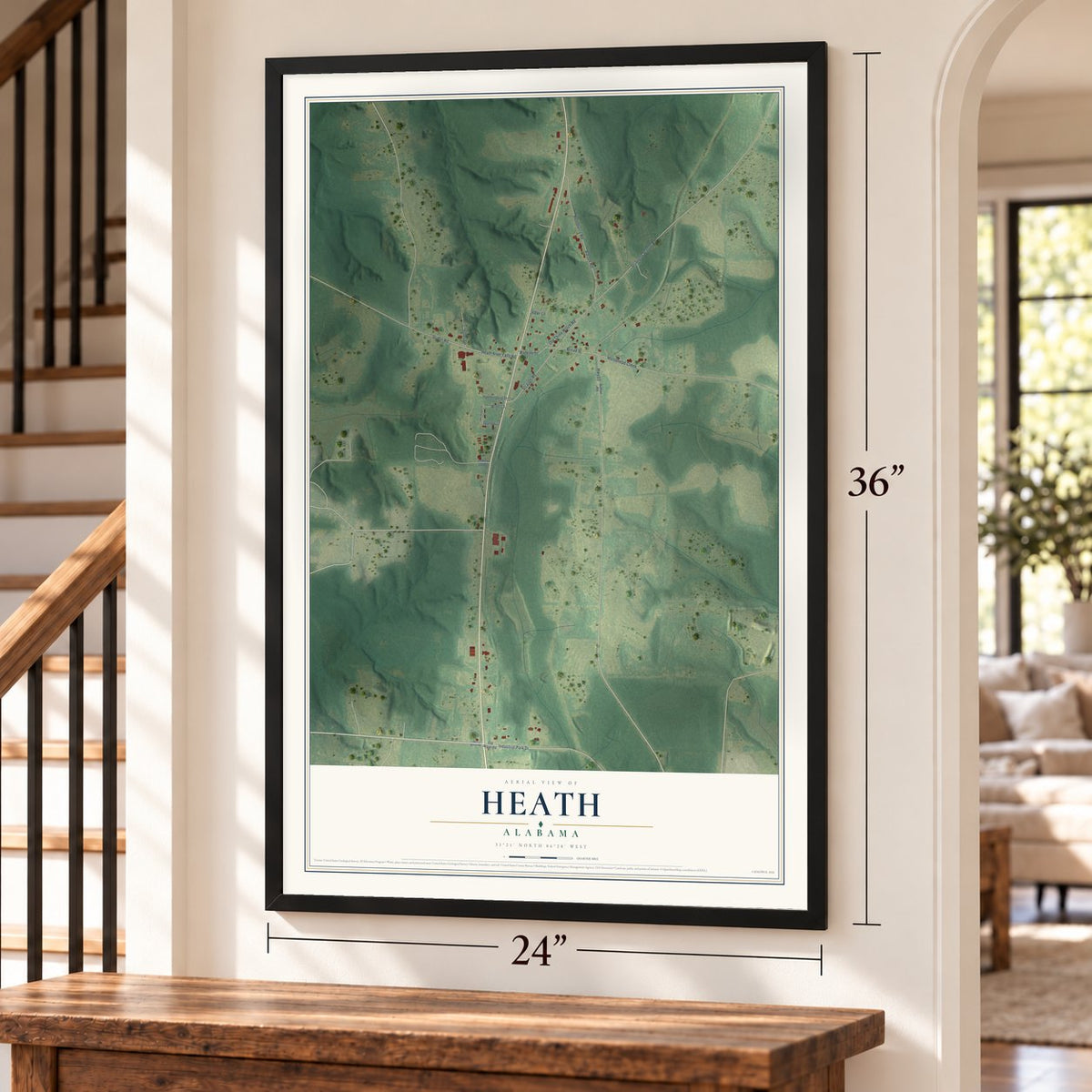 Heath, Alabama map, 24 x 36 inch print in a black frame by a staircase