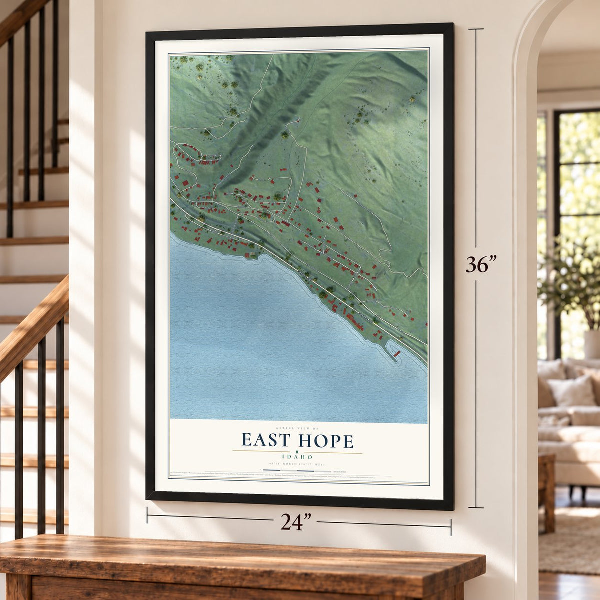 East Hope, Idaho map, 24 x 36 inch print in a black frame by a staircase