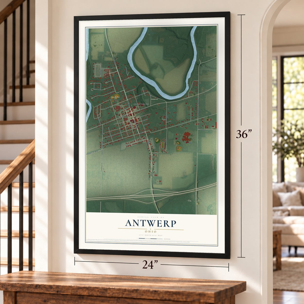 Antwerp, Ohio map, 24 x 36 inch print in a black frame by a staircase