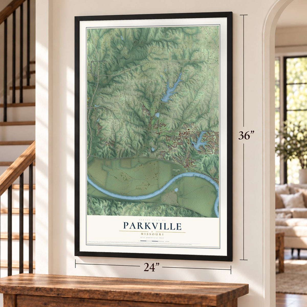 Parkville, Missouri map, 24 x 36 inch print in a black frame by a staircase