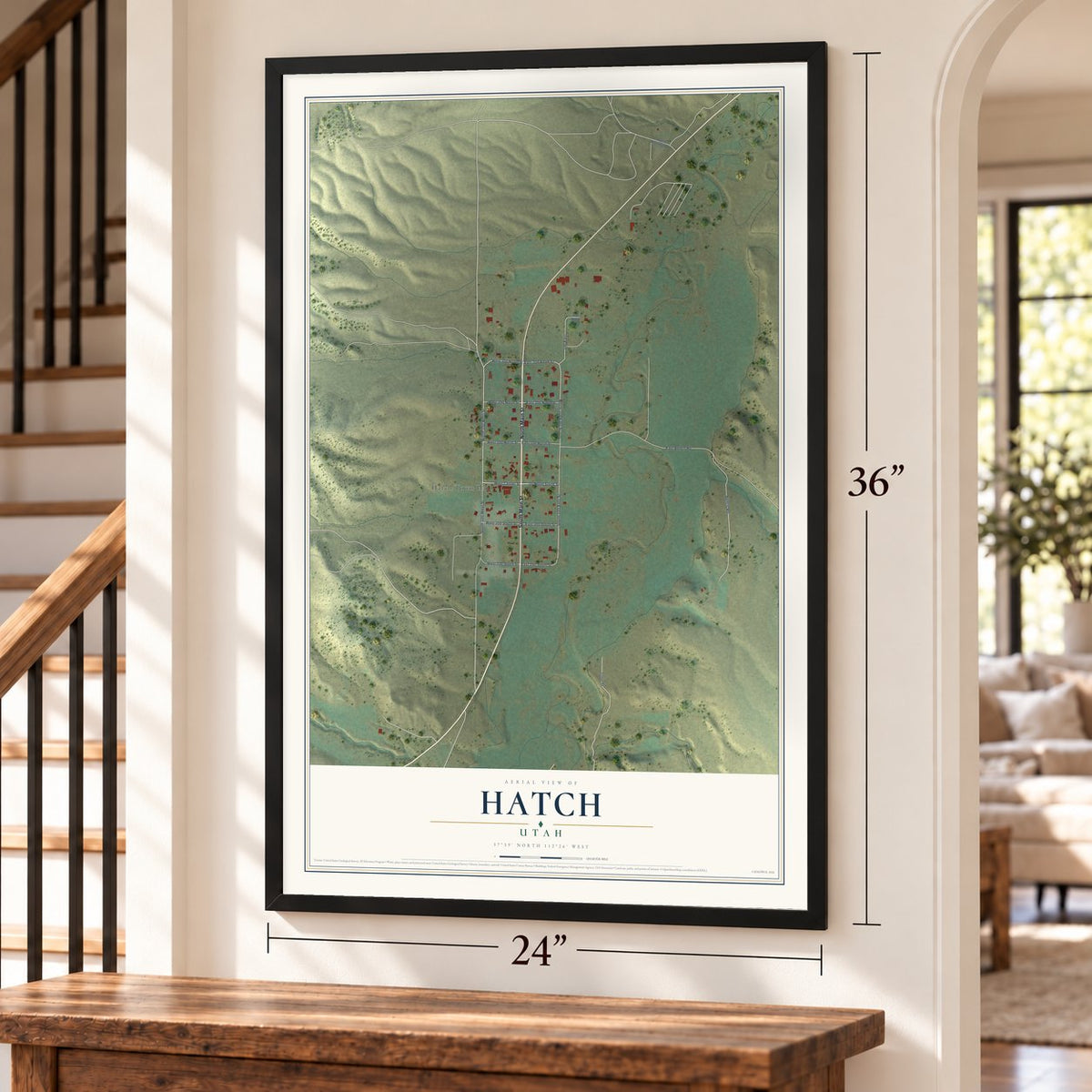 Hatch, Utah map, 24 x 36 inch print in a black frame by a staircase