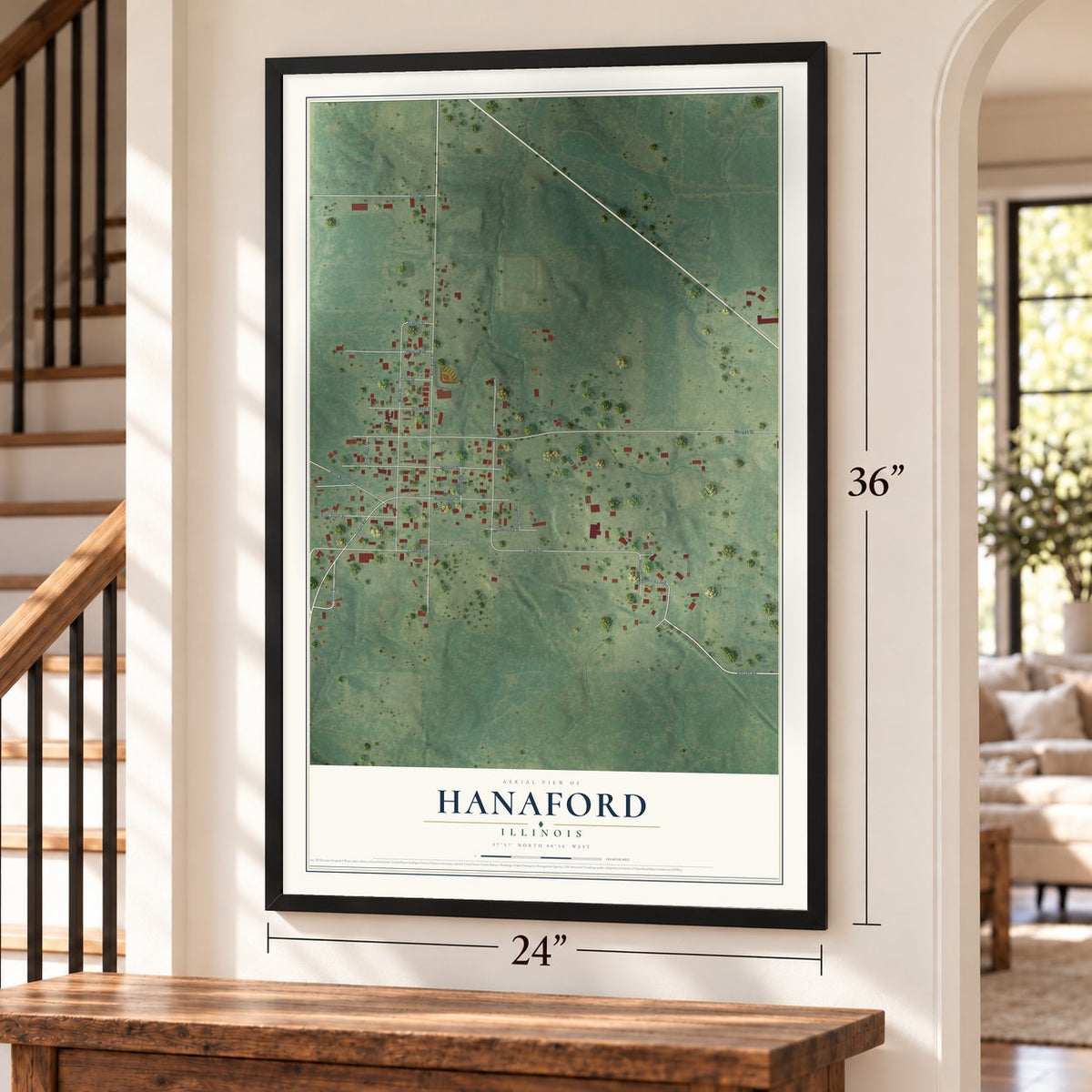 Hanaford, Illinois map, 24 x 36 inch print in a black frame by a staircase