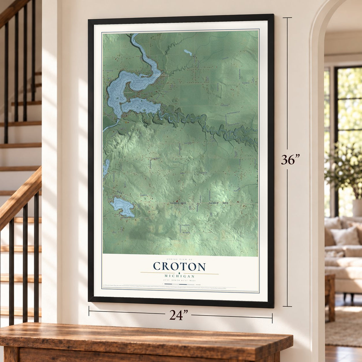 Croton, Michigan map, 24 x 36 inch print in a black frame by a staircase