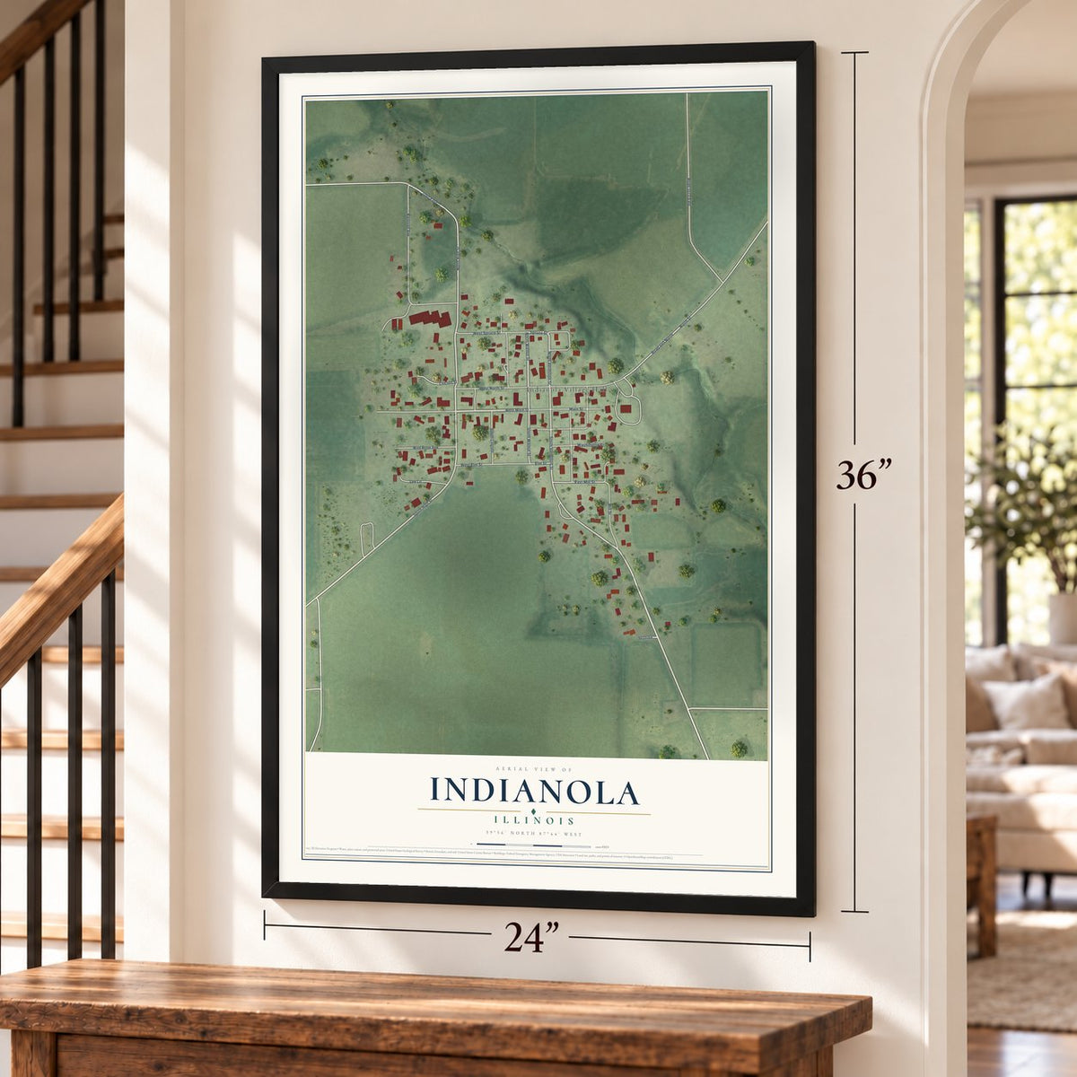 Indianola, Illinois map, 24 x 36 inch print in a black frame by a staircase