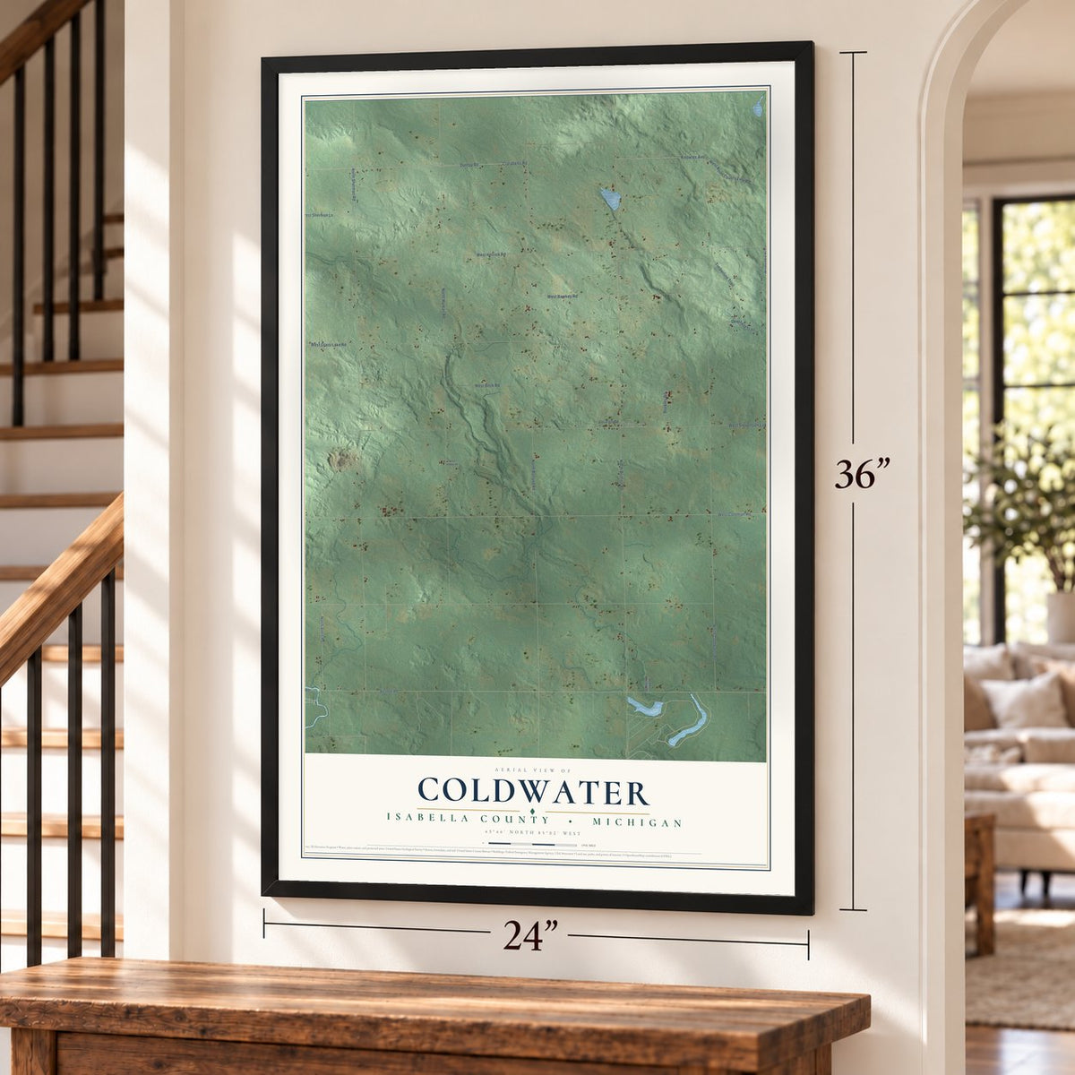Coldwater, Isabella County, Michigan map, 24 x 36 inch print in a black frame by a staircase