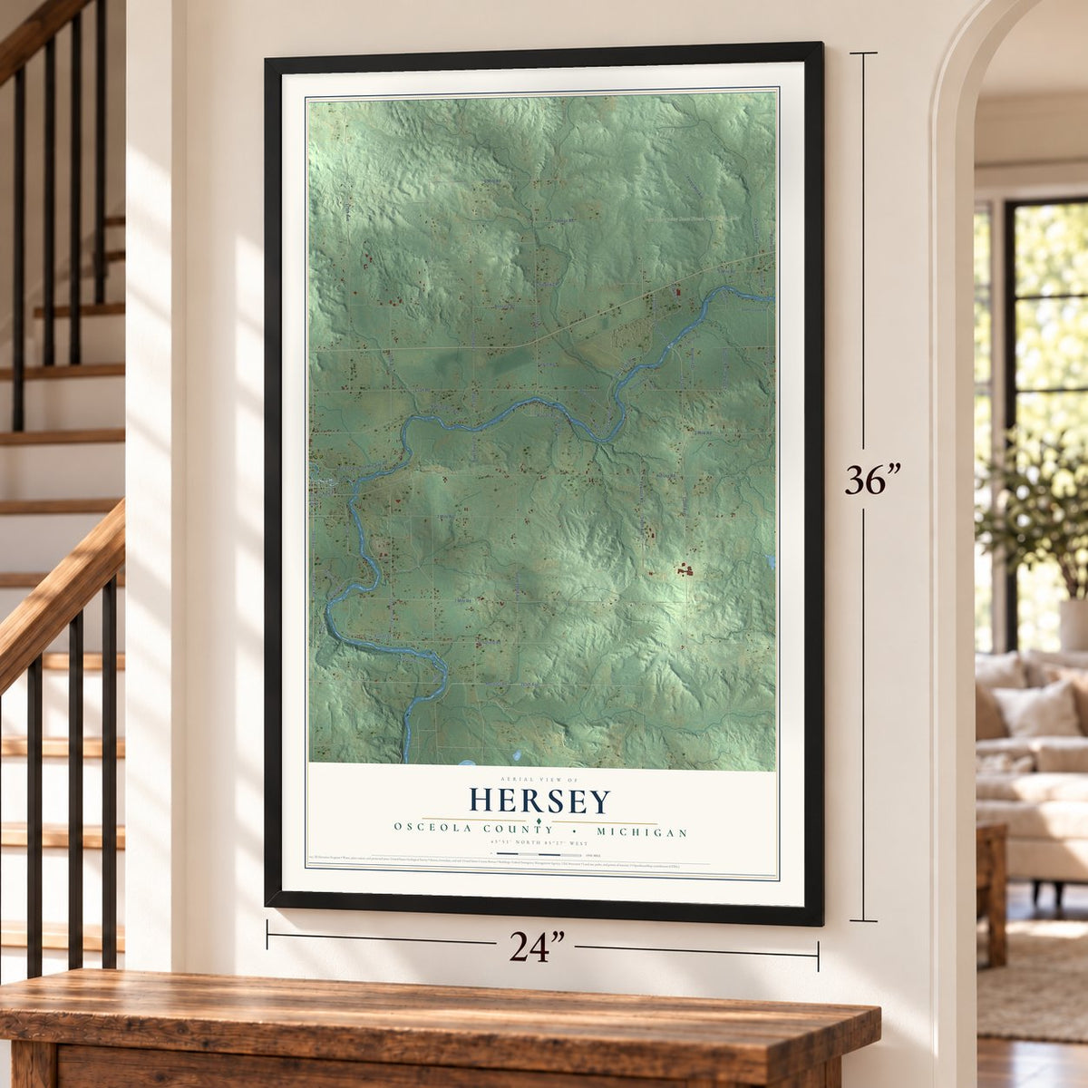 Hersey, Osceola County, Michigan map, 24 x 36 inch print in a black frame by a staircase
