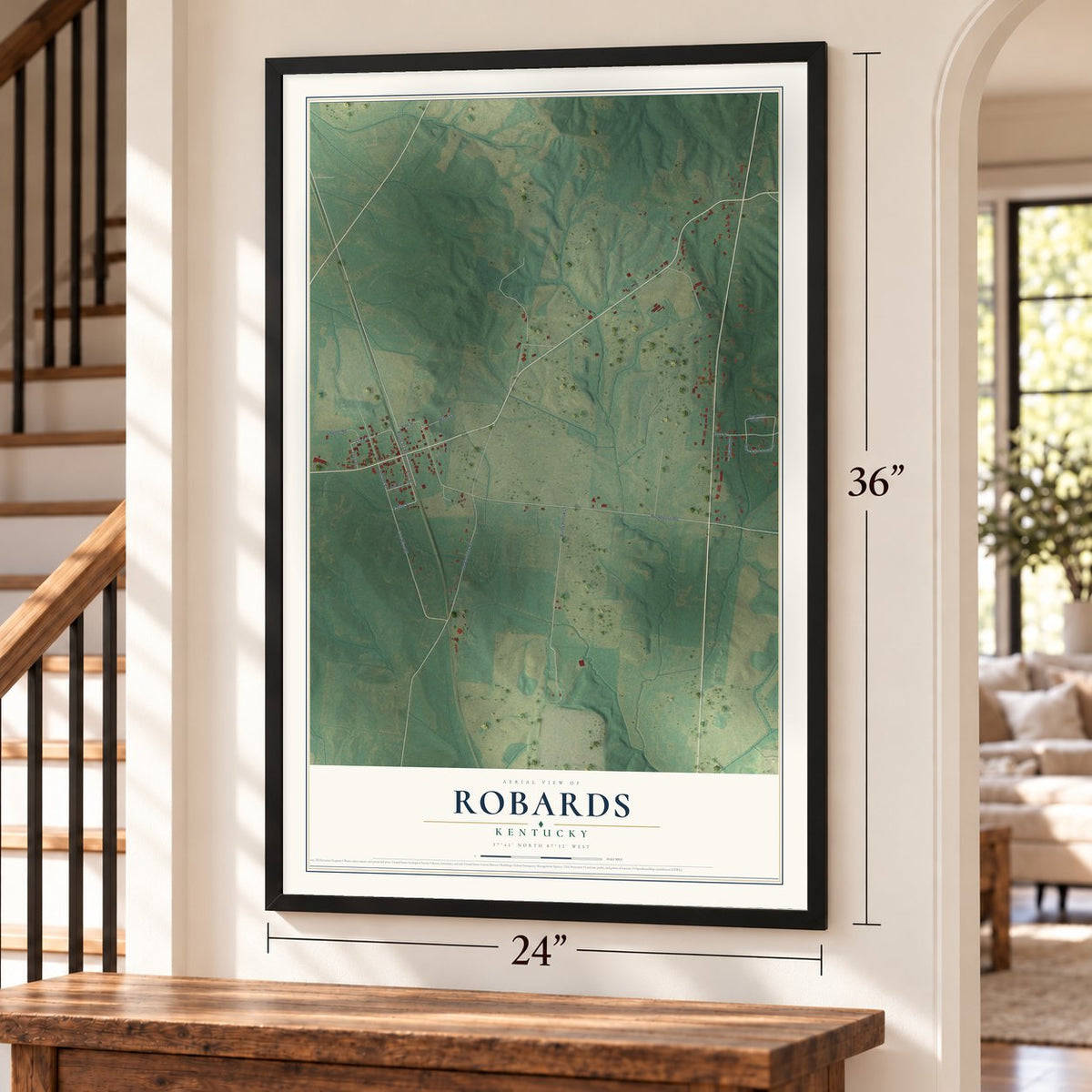 Robards, Kentucky map, 24 x 36 inch print in a black frame by a staircase